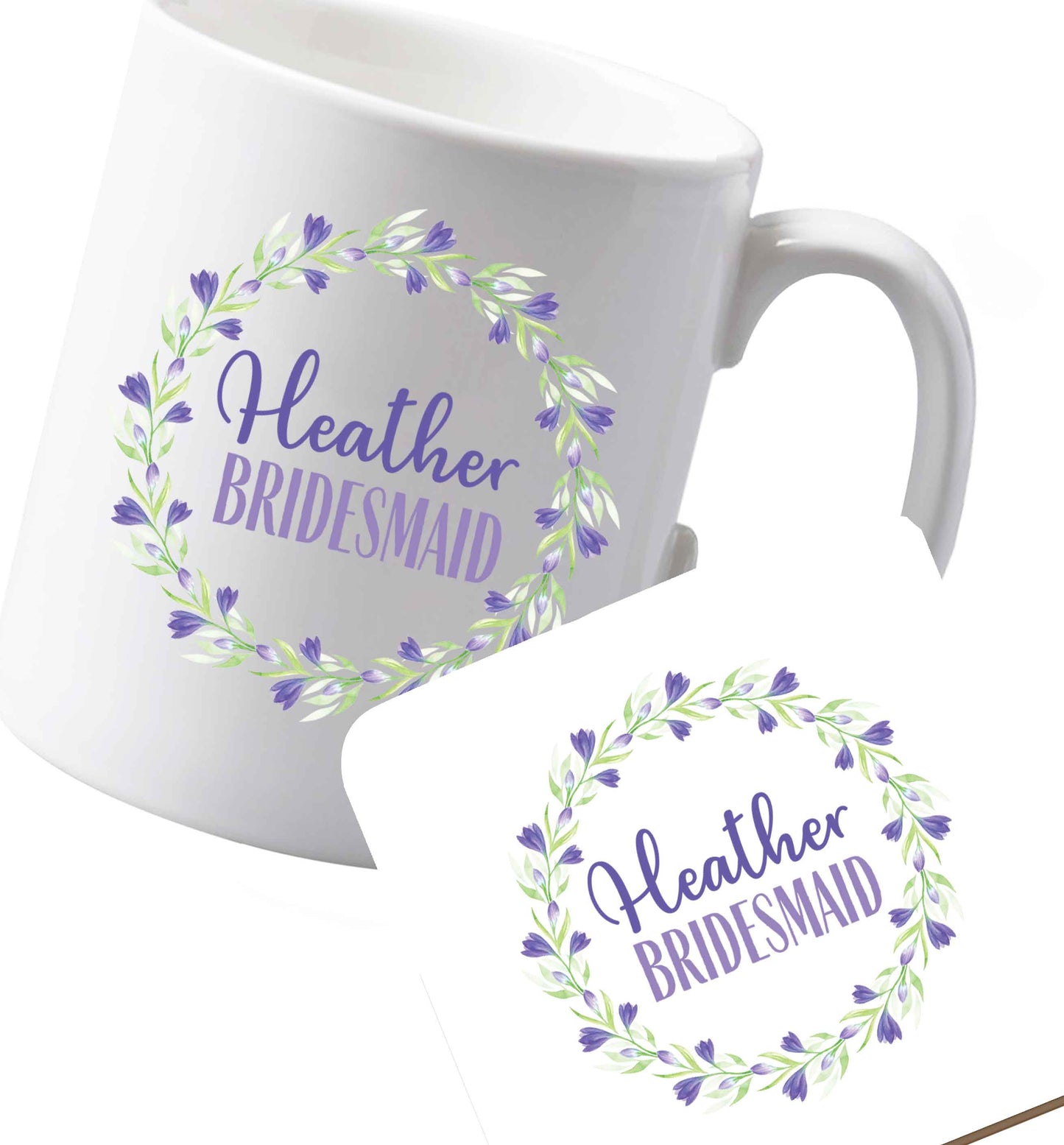 10 oz Ceramic mug and coaster Perfect wedding guest favours or hen party gifts! Personalised bridal floral wreath designs, any name, any role! both sides