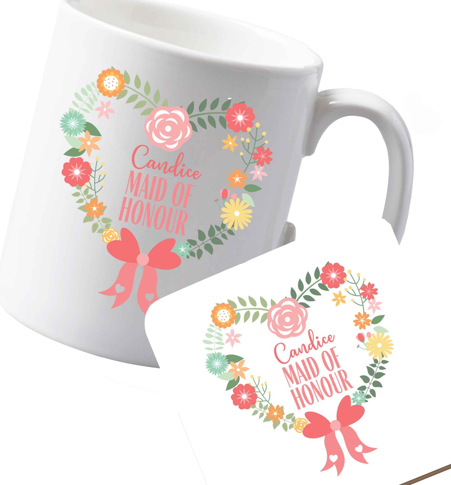 10 oz Ceramic mug and coaster Perfect wedding guest favours or hen party gifts! Personalised bridal floral wreath designs, any name, any role! both sides