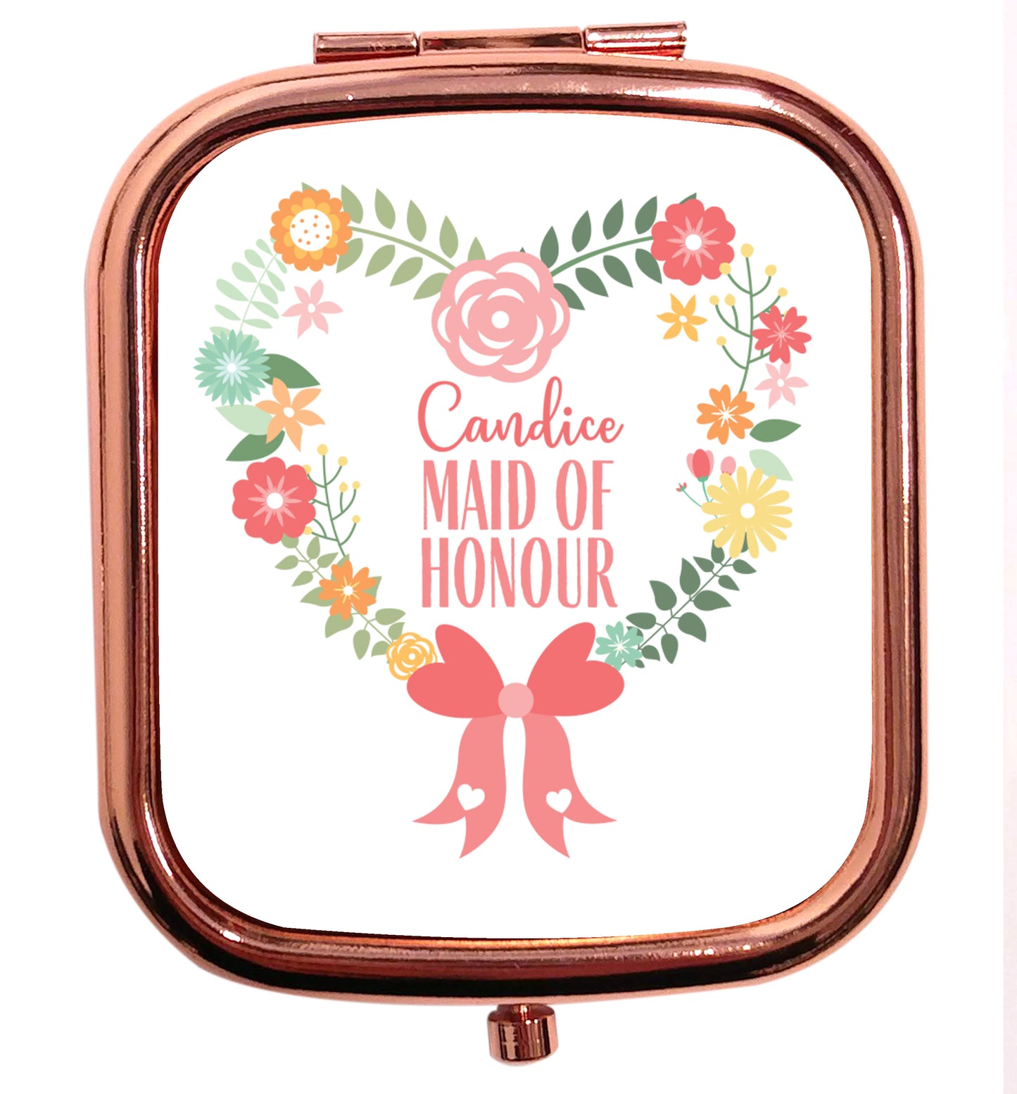 Perfect wedding guest favours or hen party gifts! Personalised bridal floral wreath designs, any name, any role! rose gold square pocket mirror