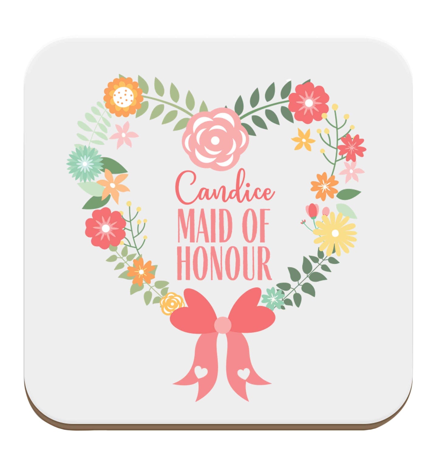 Perfect wedding guest favours or hen party gifts! Personalised bridal floral wreath designs, any name, any role! set of four coasters