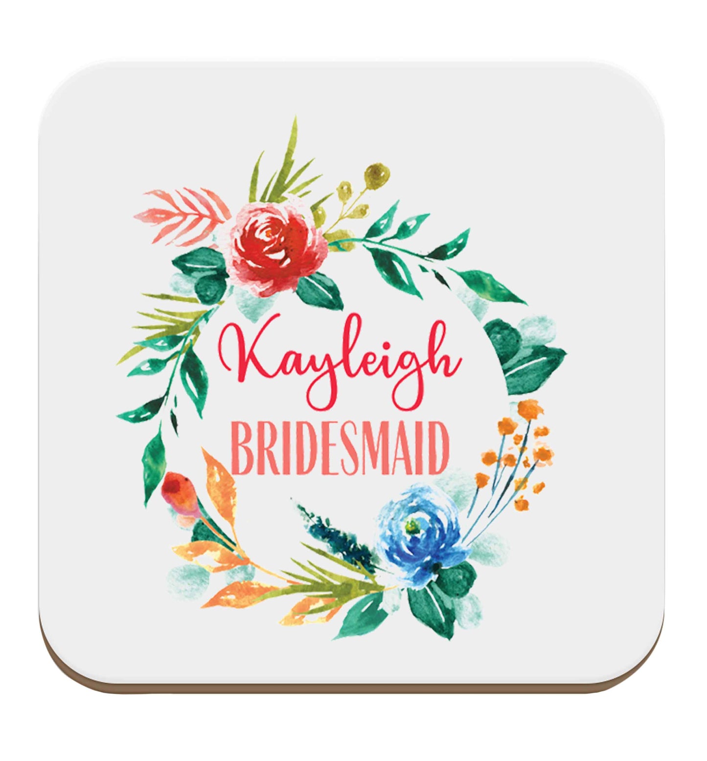 Perfect wedding guest favours or hen party gifts! Personalised bridal floral wreath designs, any name, any role! set of four coasters