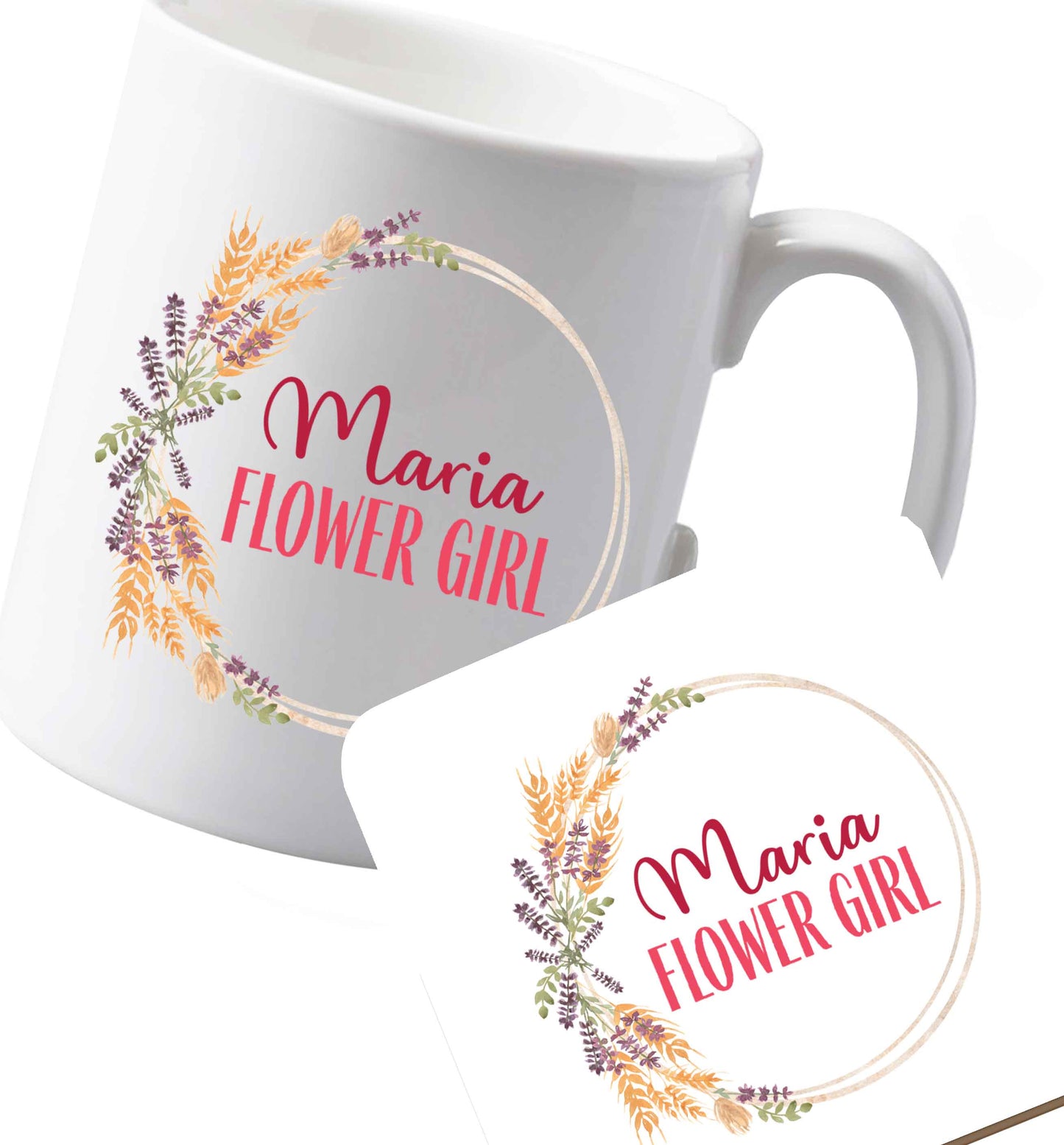 10 oz Ceramic mug and coaster Perfect wedding guest favours or hen party gifts! Personalised bridal floral wreath designs, any name, any role! both sides