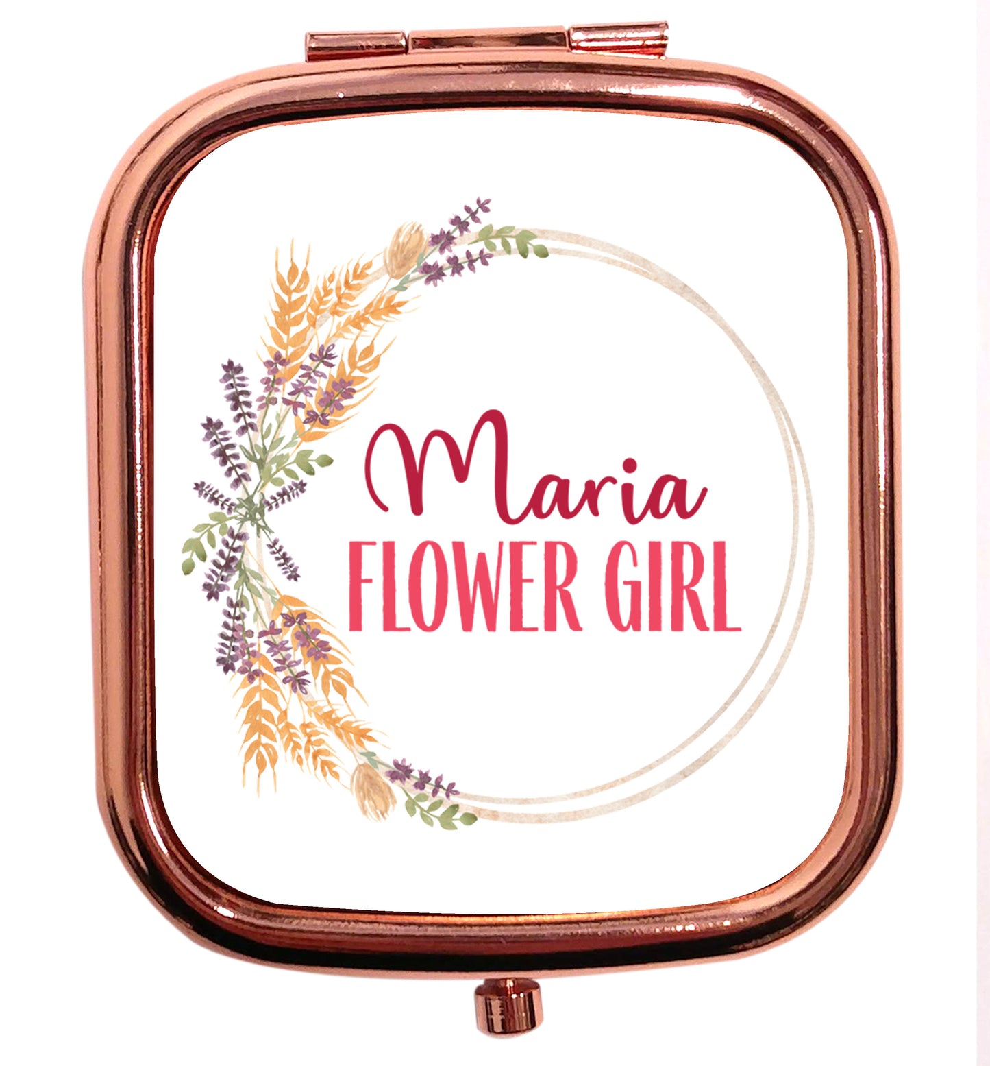 Perfect wedding guest favours or hen party gifts! Personalised bridal floral wreath designs, any name, any role! rose gold square pocket mirror