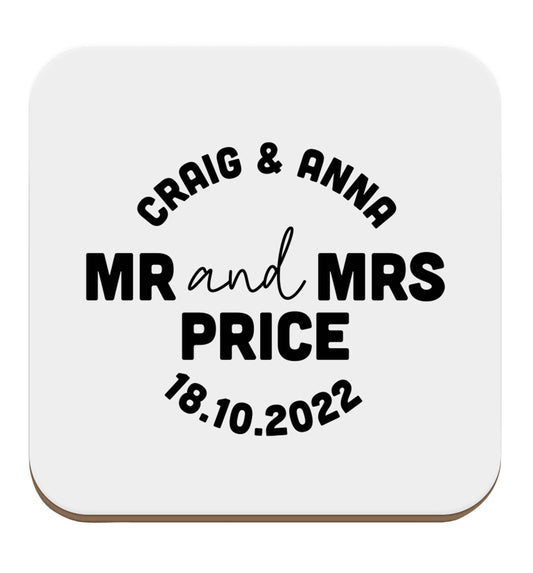 Personalised Mr and Mrs wedding and date! Ideal wedding favours! set of four coasters