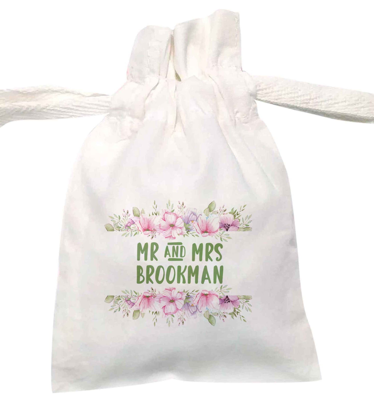 Green Floral Personalised Wedding Date and Name | XS - L | Pouch / Drawstring bag / Sack | Organic Cotton | Bulk discounts available!