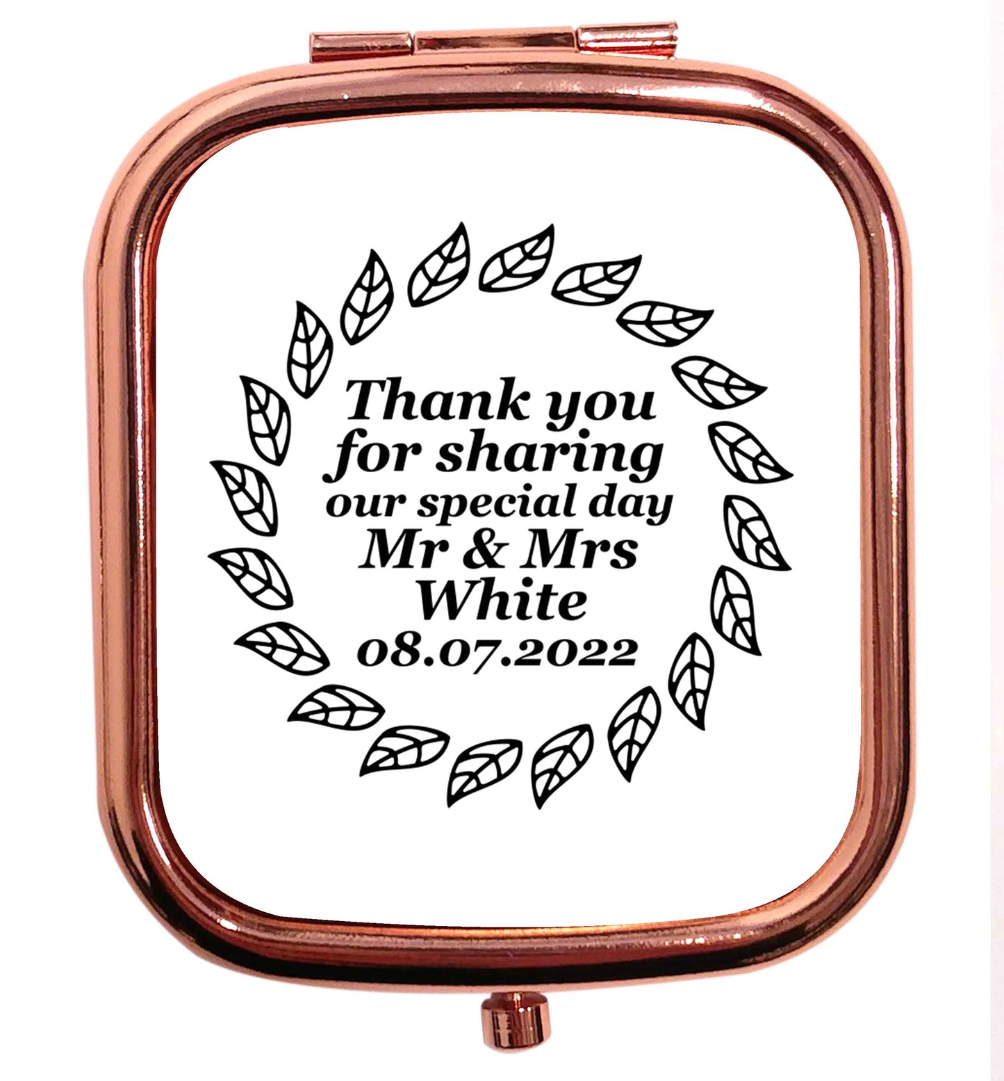 Personalised wedding thank you's Mr and Mrs wedding and date! Ideal wedding favours! rose gold square pocket mirror