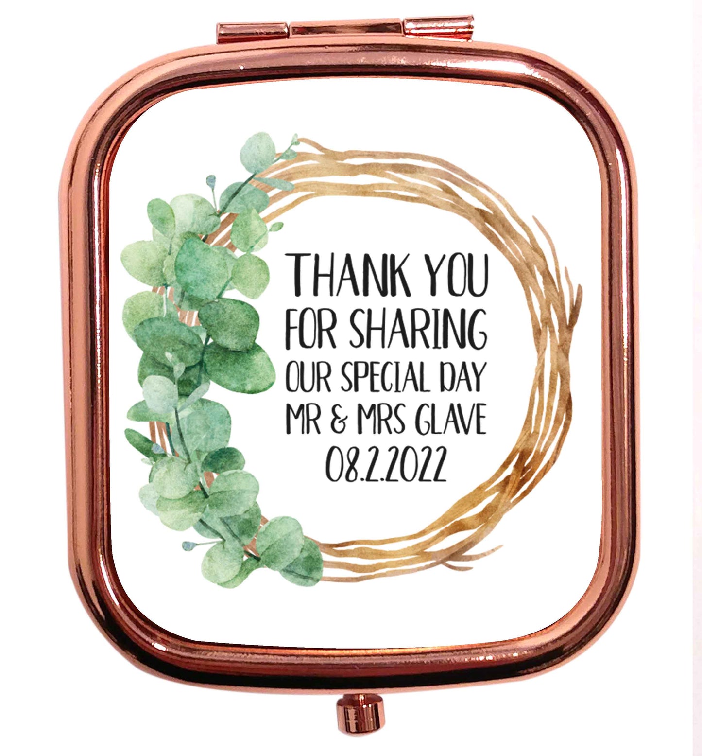 Personalised wedding thank you's Mr and Mrs wedding and date! Ideal wedding favours! rose gold square pocket mirror