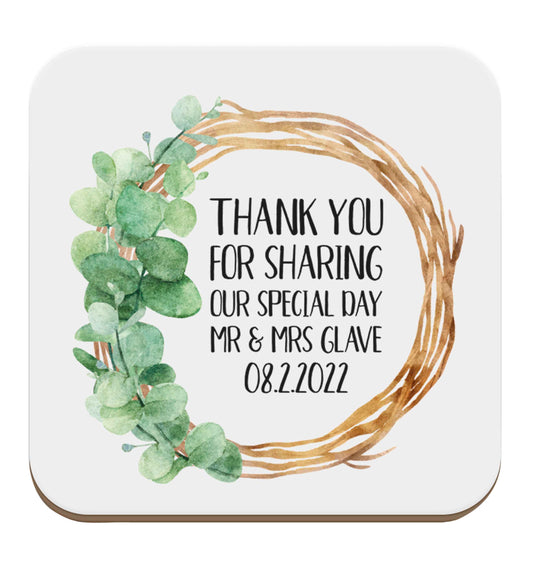 Personalised wedding thank you's Mr and Mrs wedding and date! Ideal wedding favours! set of four coasters