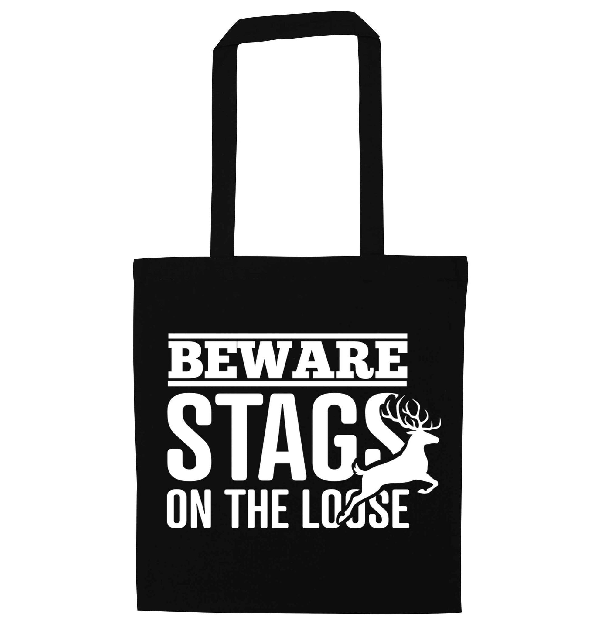 Beware stags on the loose black tote bag