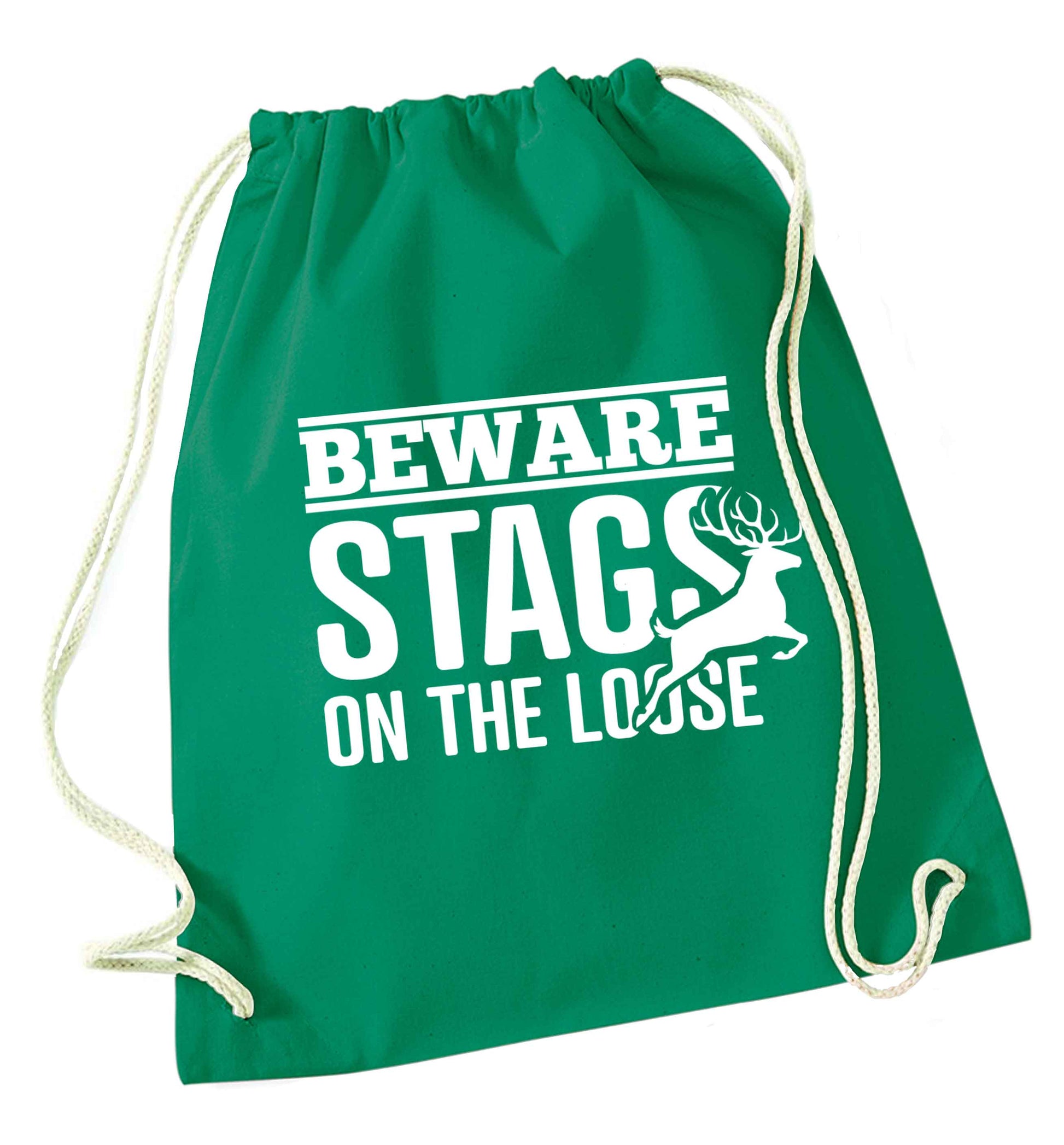Beware stags on the loose green drawstring bag