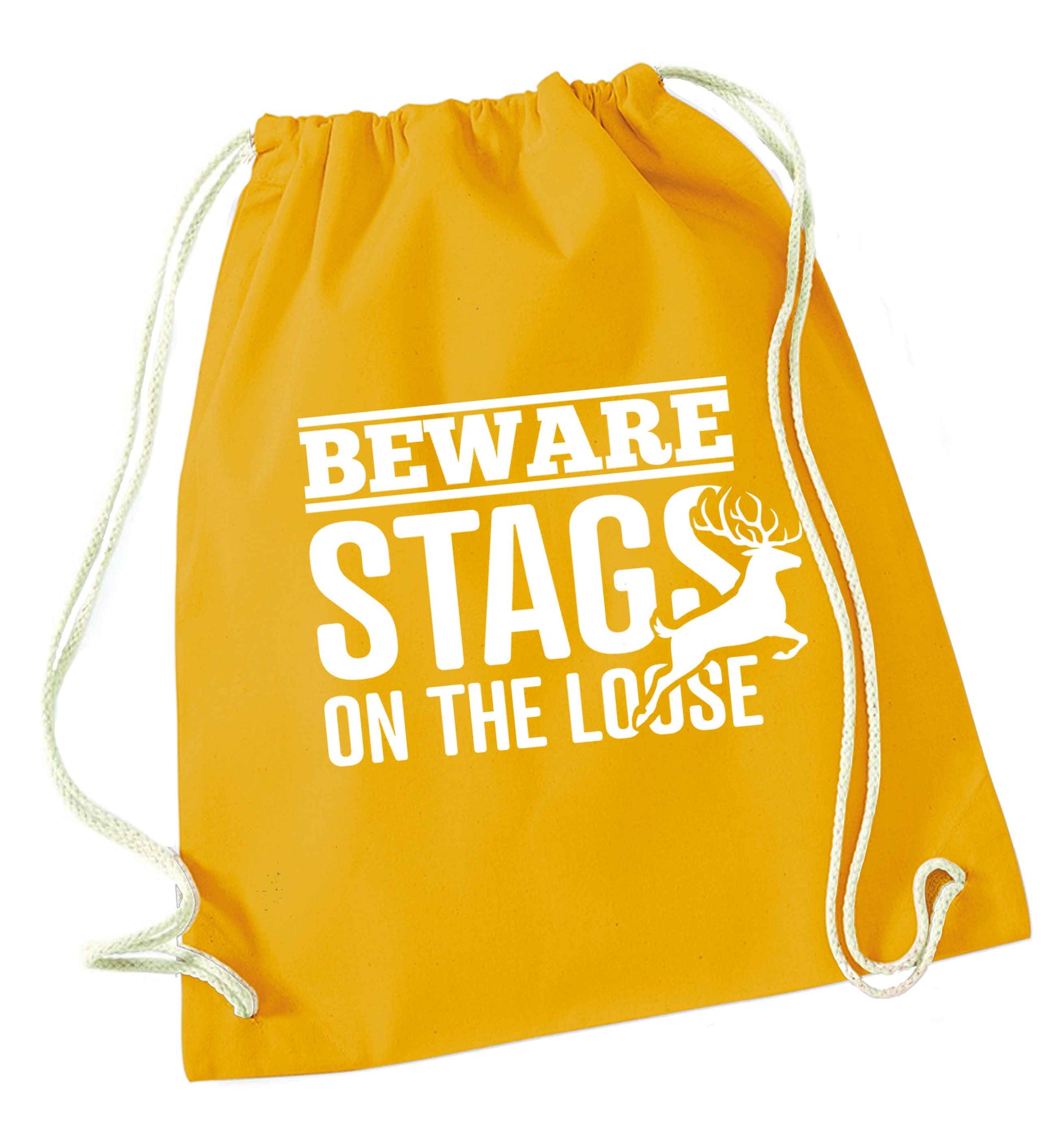 Beware stags on the loose mustard drawstring bag