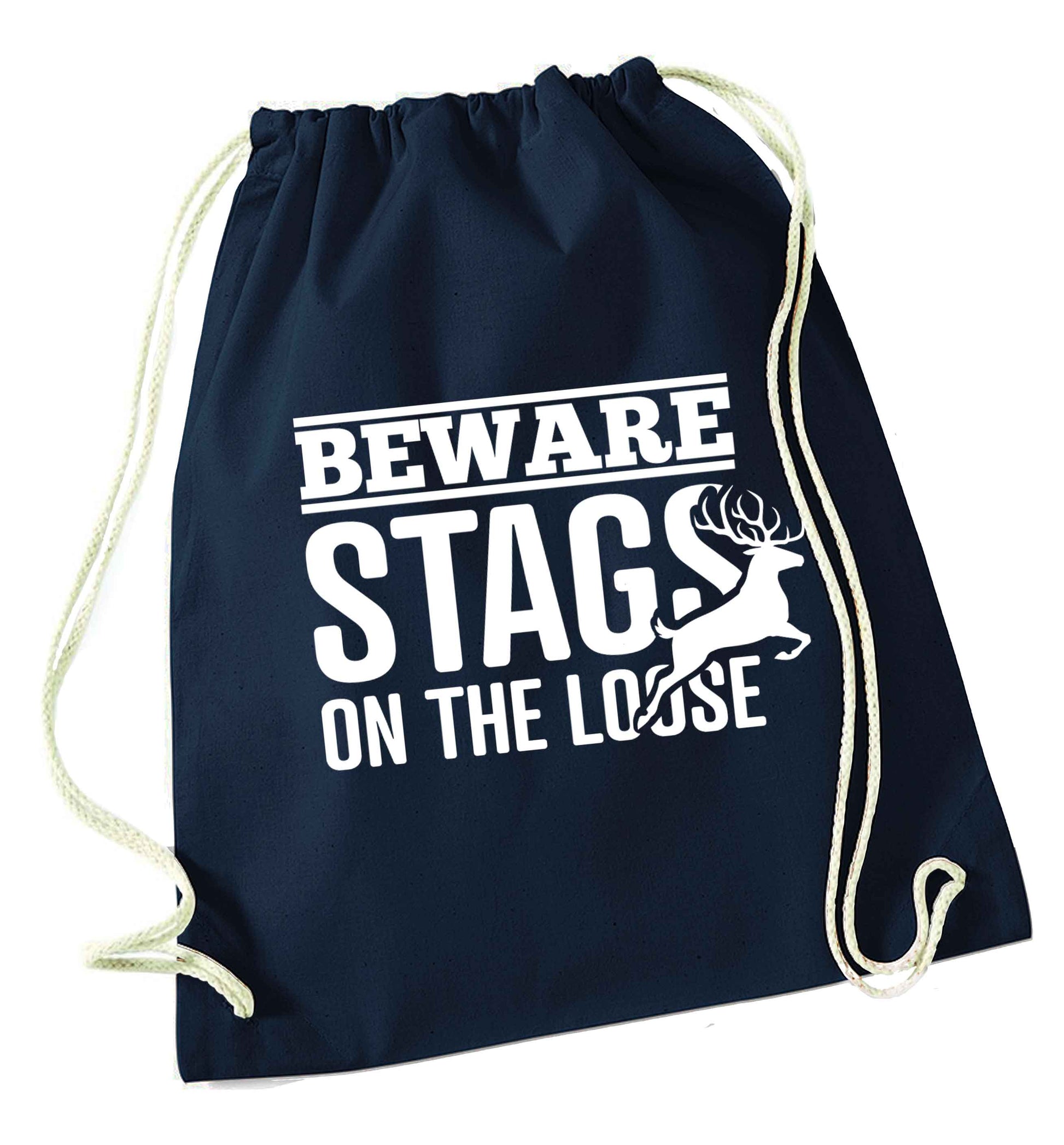 Beware stags on the loose navy drawstring bag
