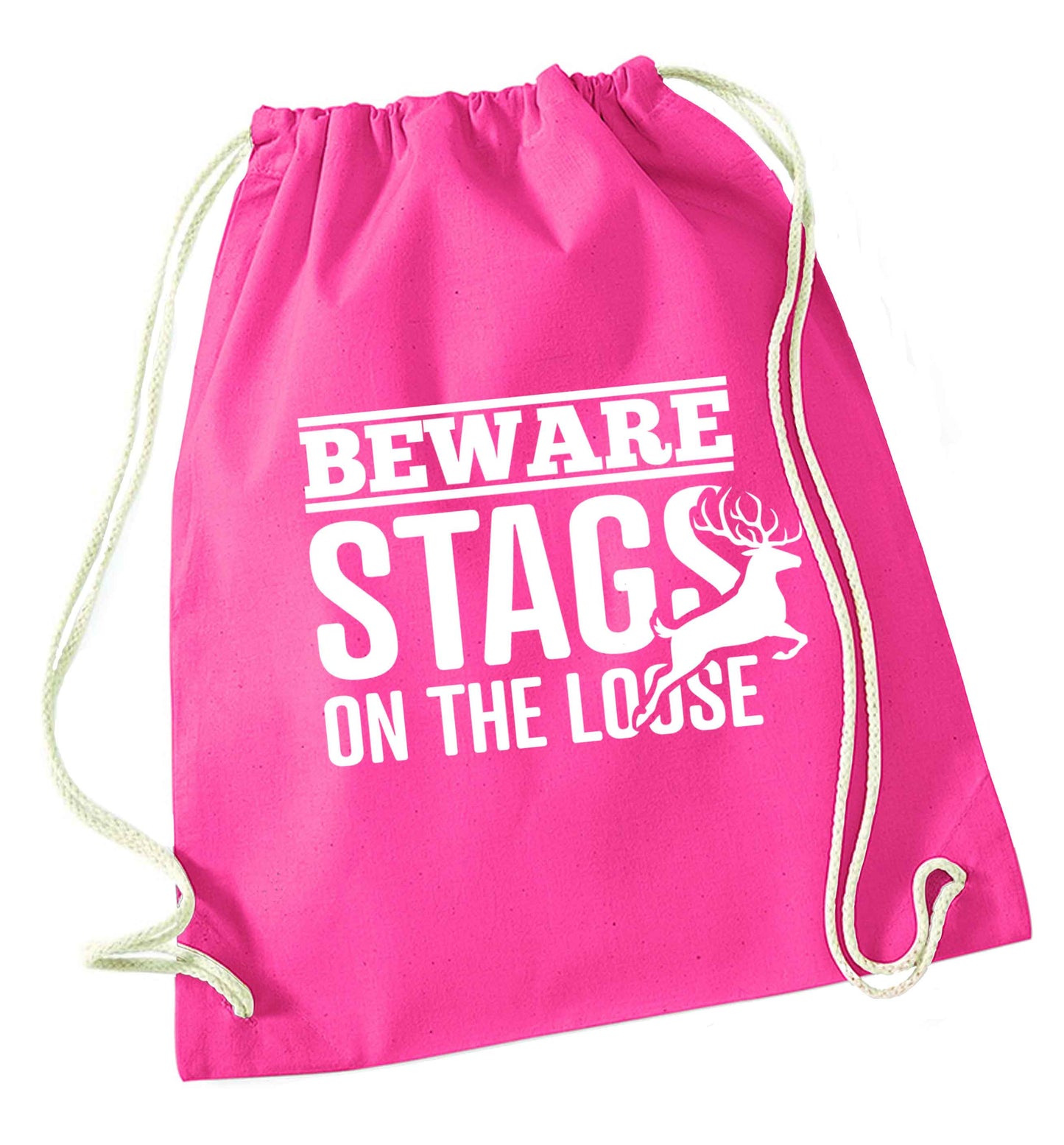 Beware stags on the loose pink drawstring bag