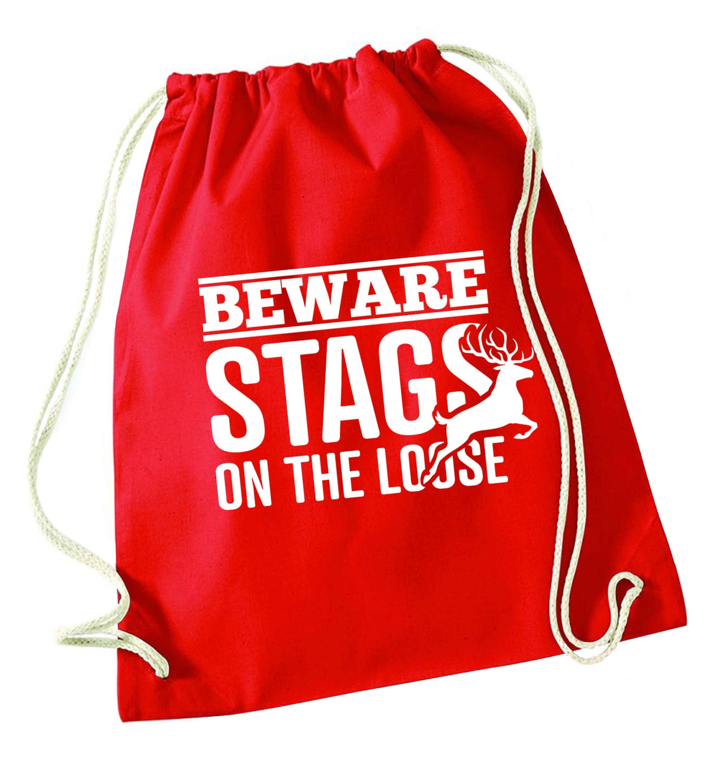 Beware stags on the loose red drawstring bag 