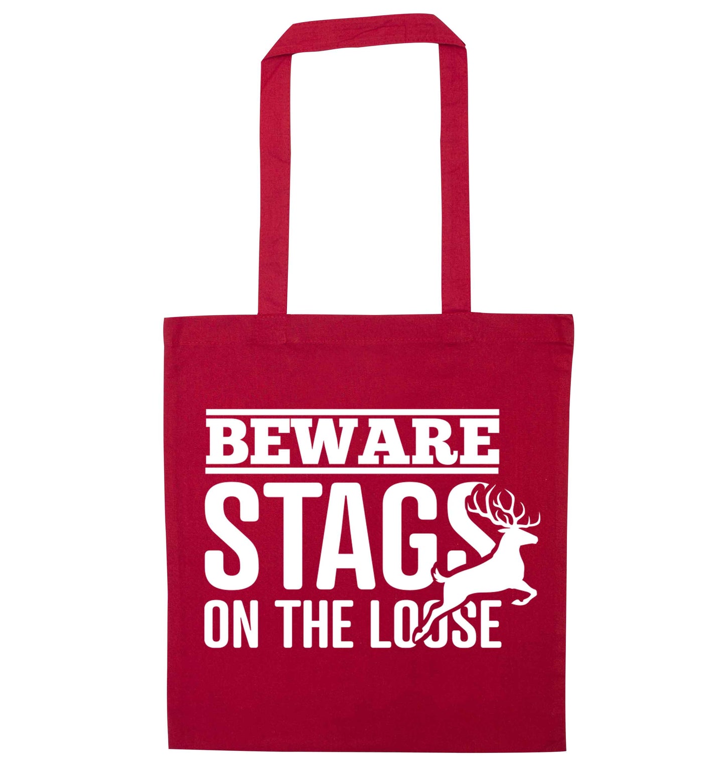 Beware stags on the loose red tote bag