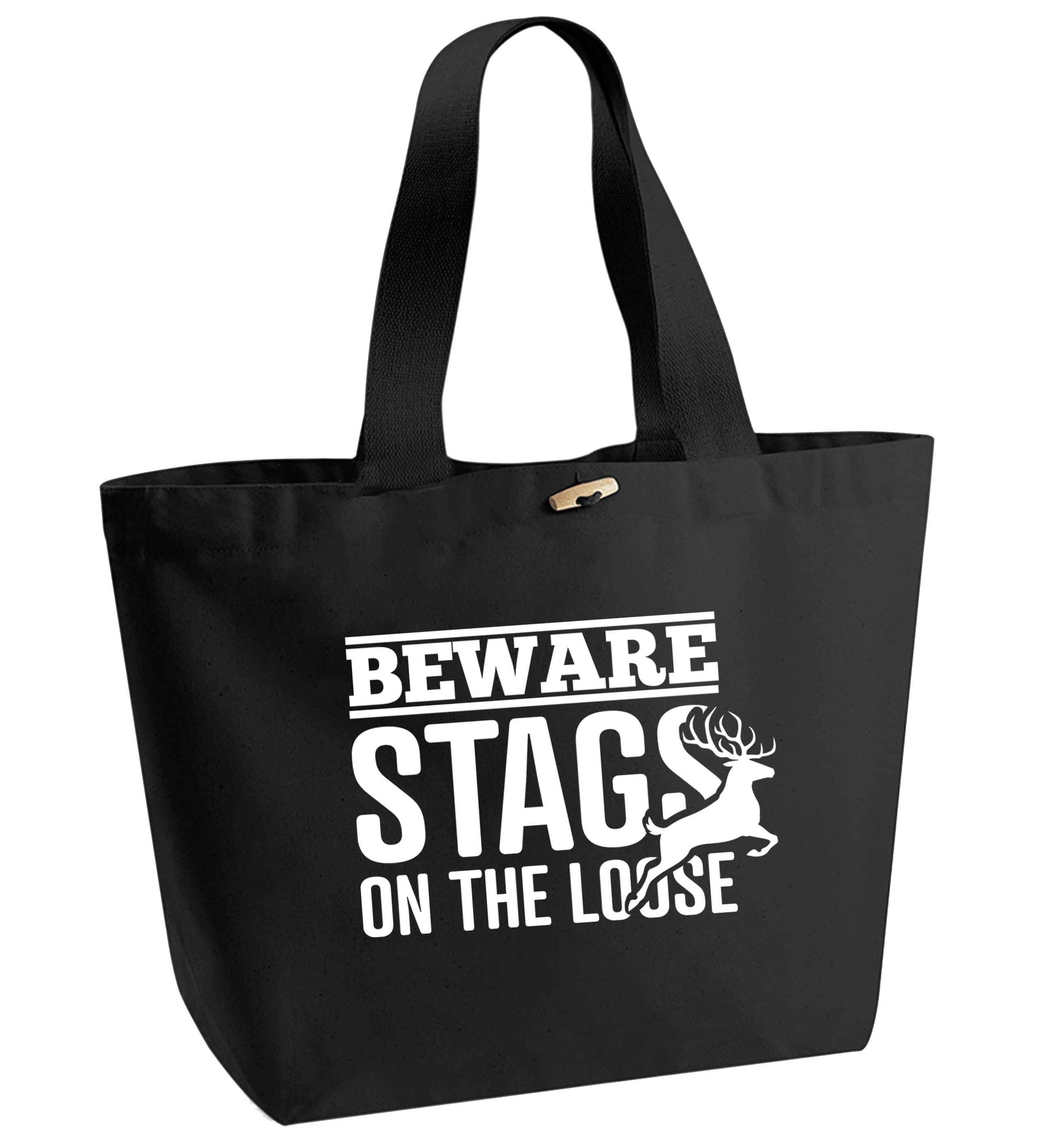 Beware stags on the loose organic cotton premium tote bag with wooden toggle in black