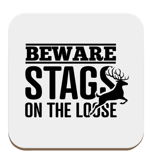 Beware stags on the loose set of four coasters