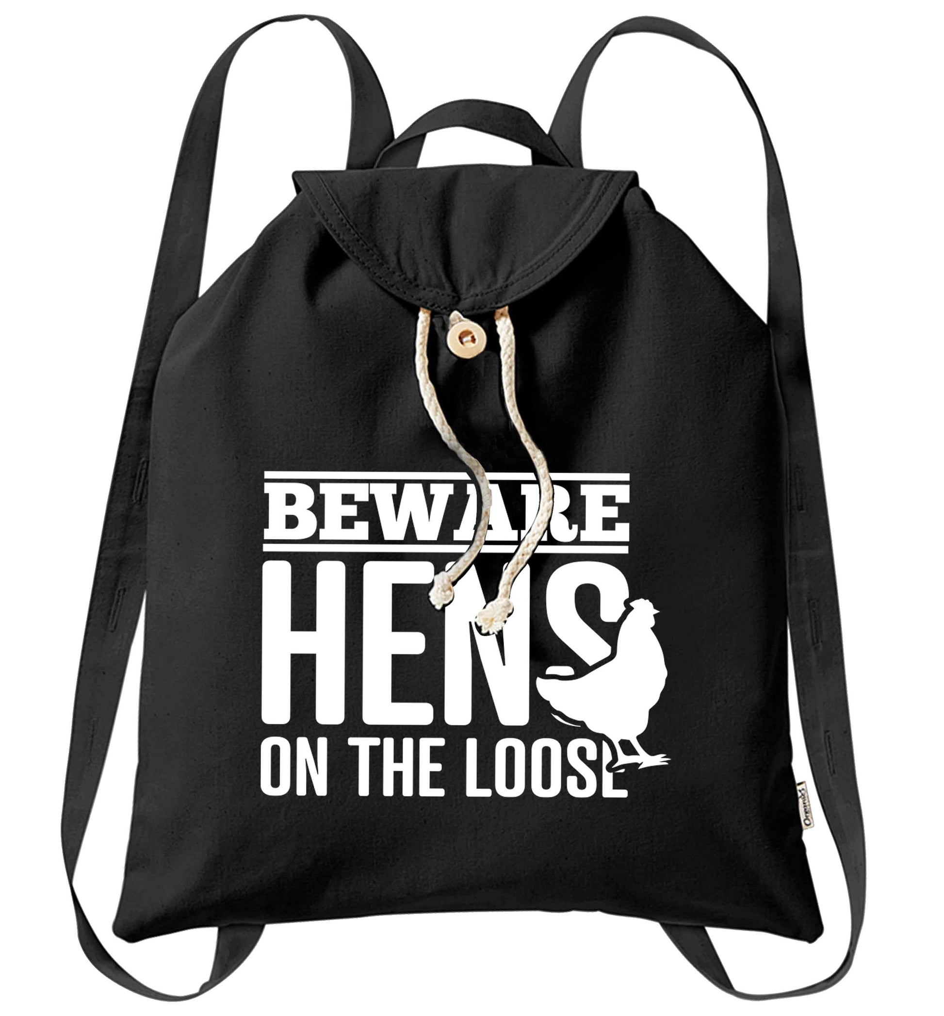 Beware hens on the loose organic cotton backpack tote with wooden buttons in black