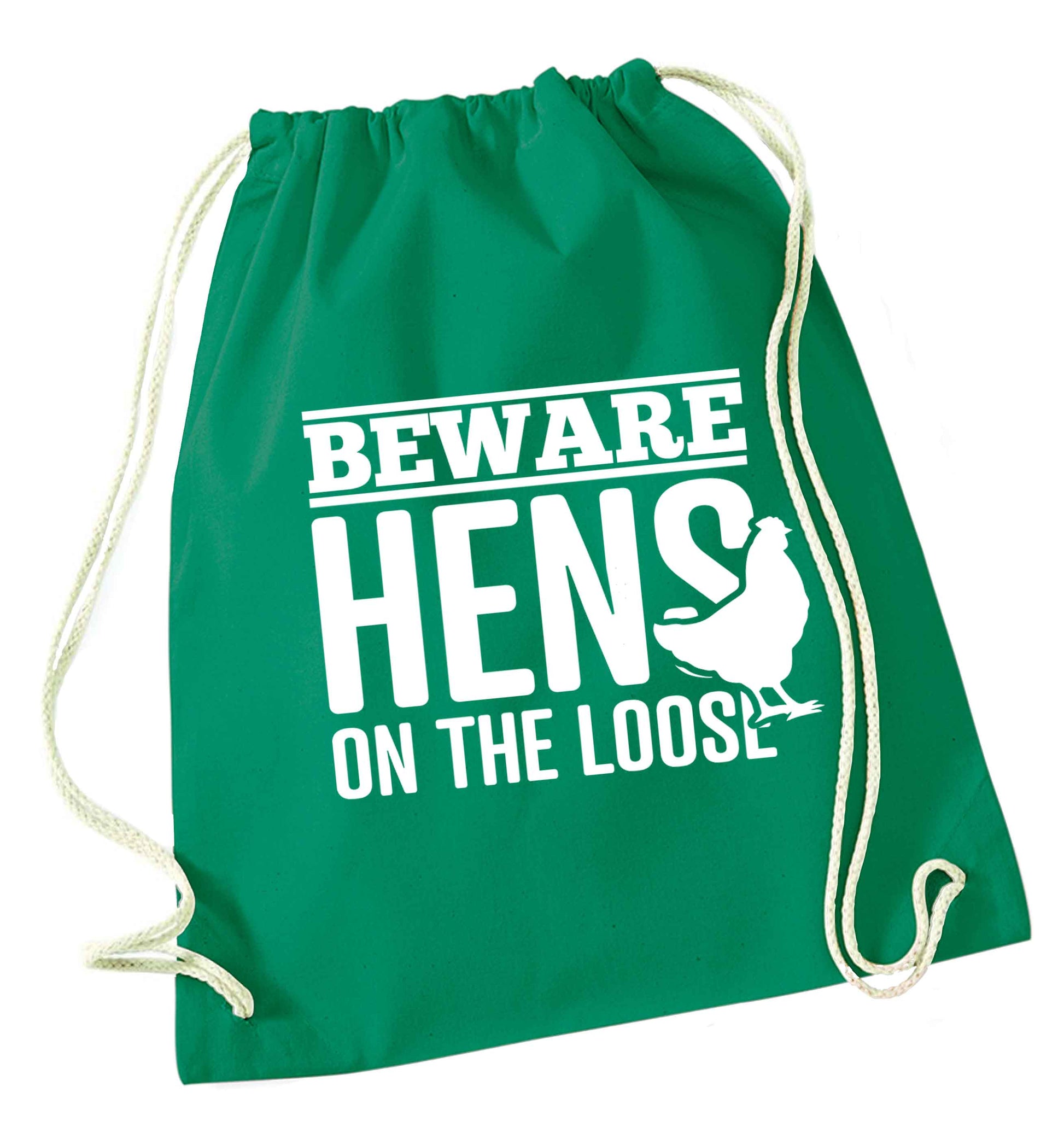 Beware hens on the loose green drawstring bag