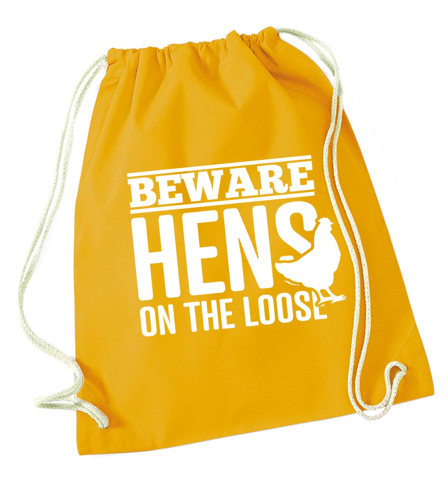 Beware hens on the loose mustard drawstring bag