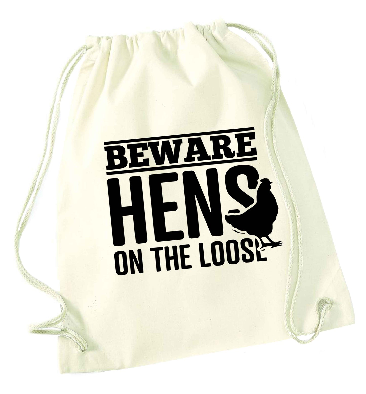 Beware hens on the loose natural drawstring bag