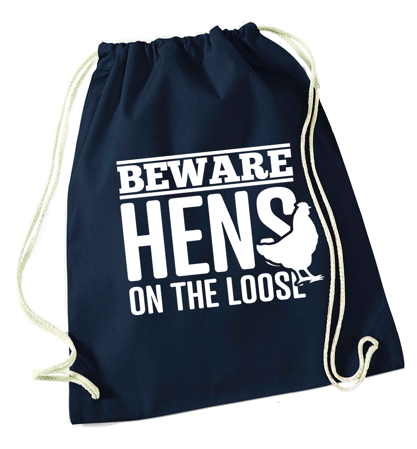 Beware hens on the loose navy drawstring bag