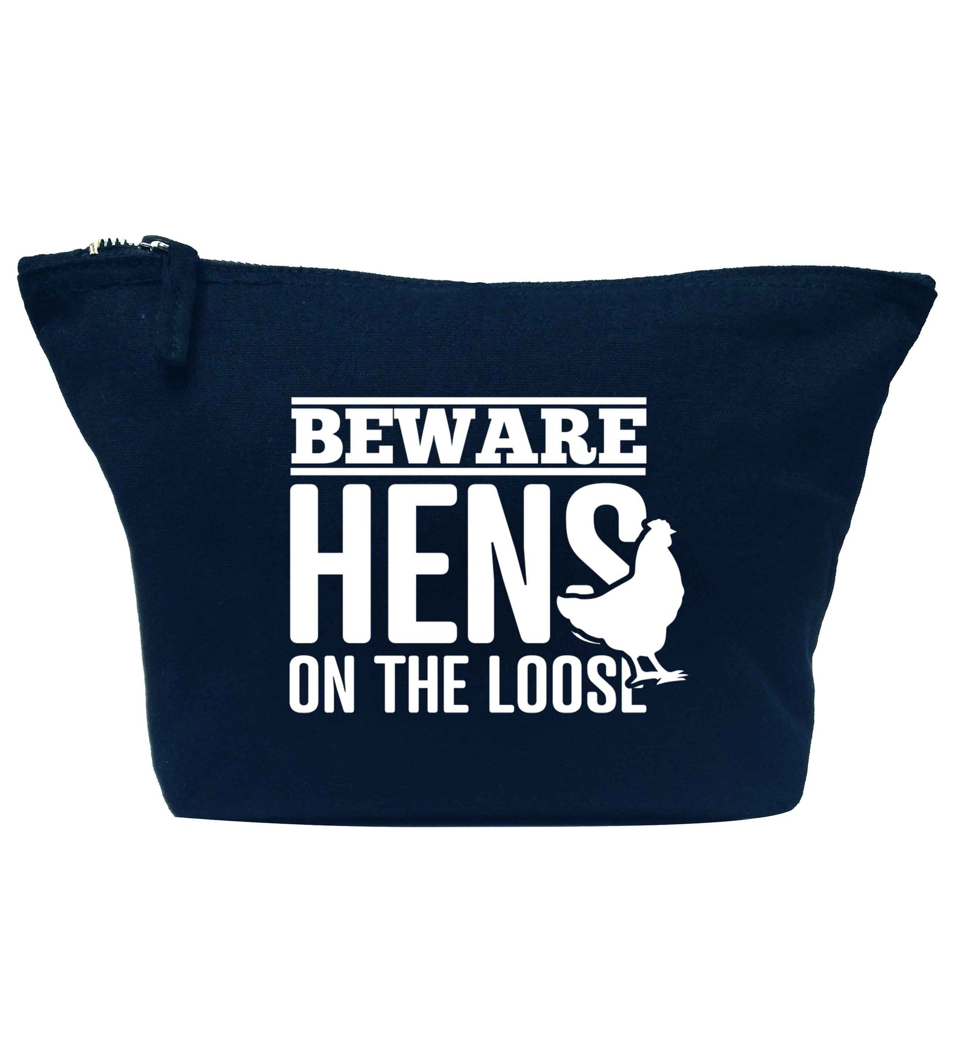 Beware hens on the loose navy makeup bag