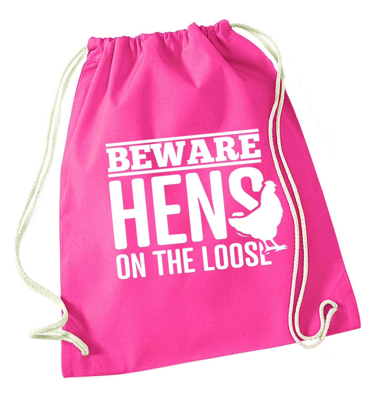 Beware hens on the loose pink drawstring bag