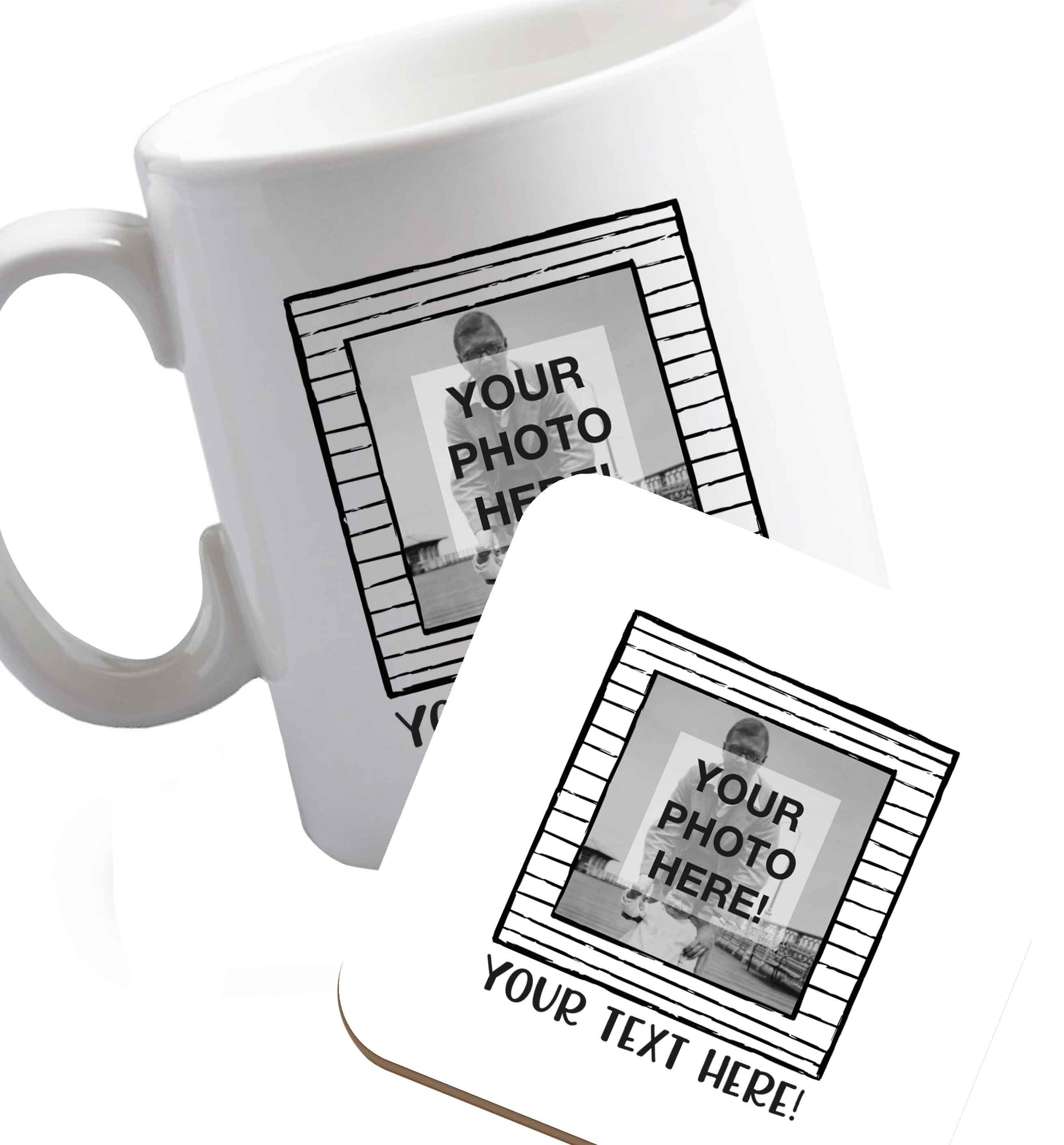 10 oz Any Photo or Text Black Frame  ceramic mug and coaster set right handed