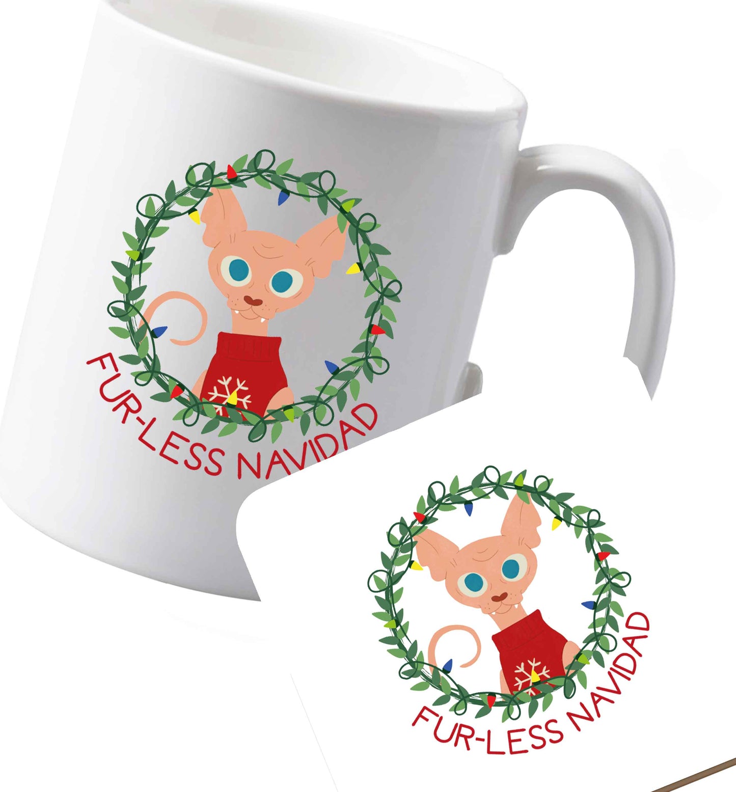 10 oz Ceramic mug and coaster Furr-less navidad both sides