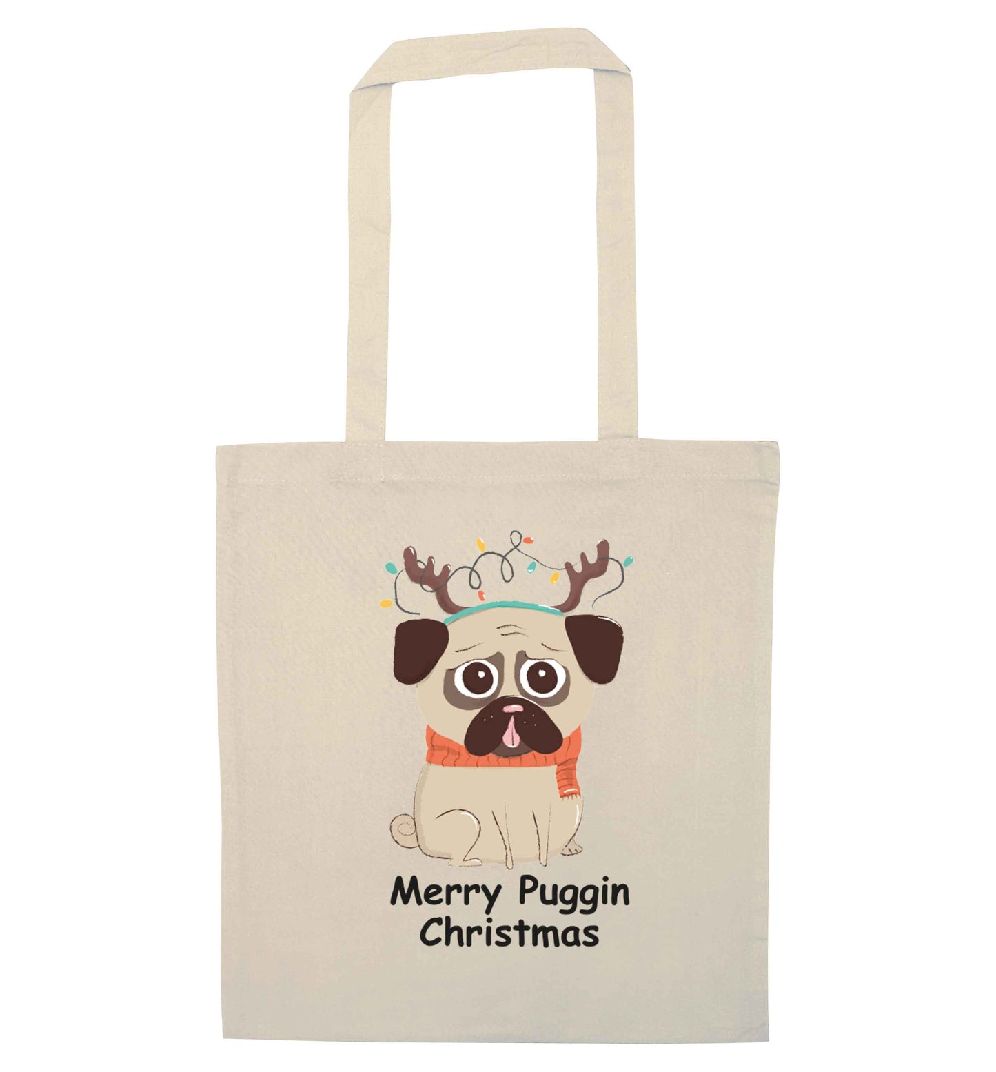 Merry puggin' Chirstmas natural tote bag