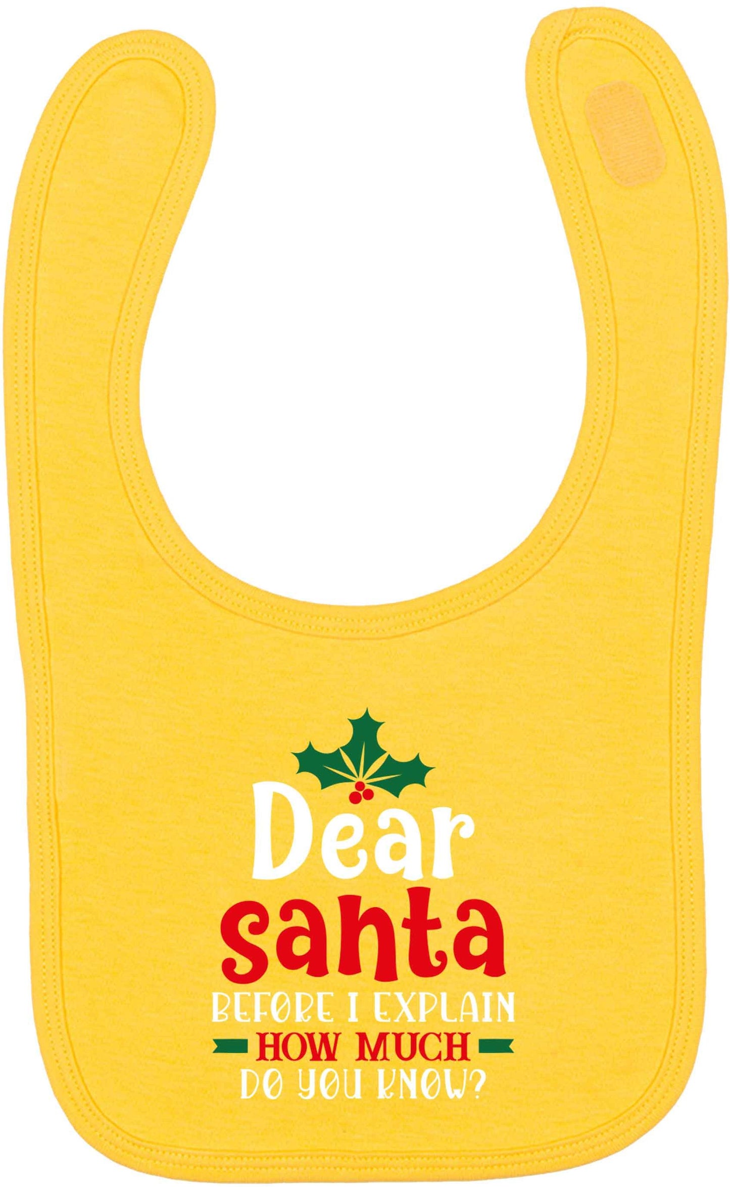 Santa before I explain how much do you know? yellow baby bib