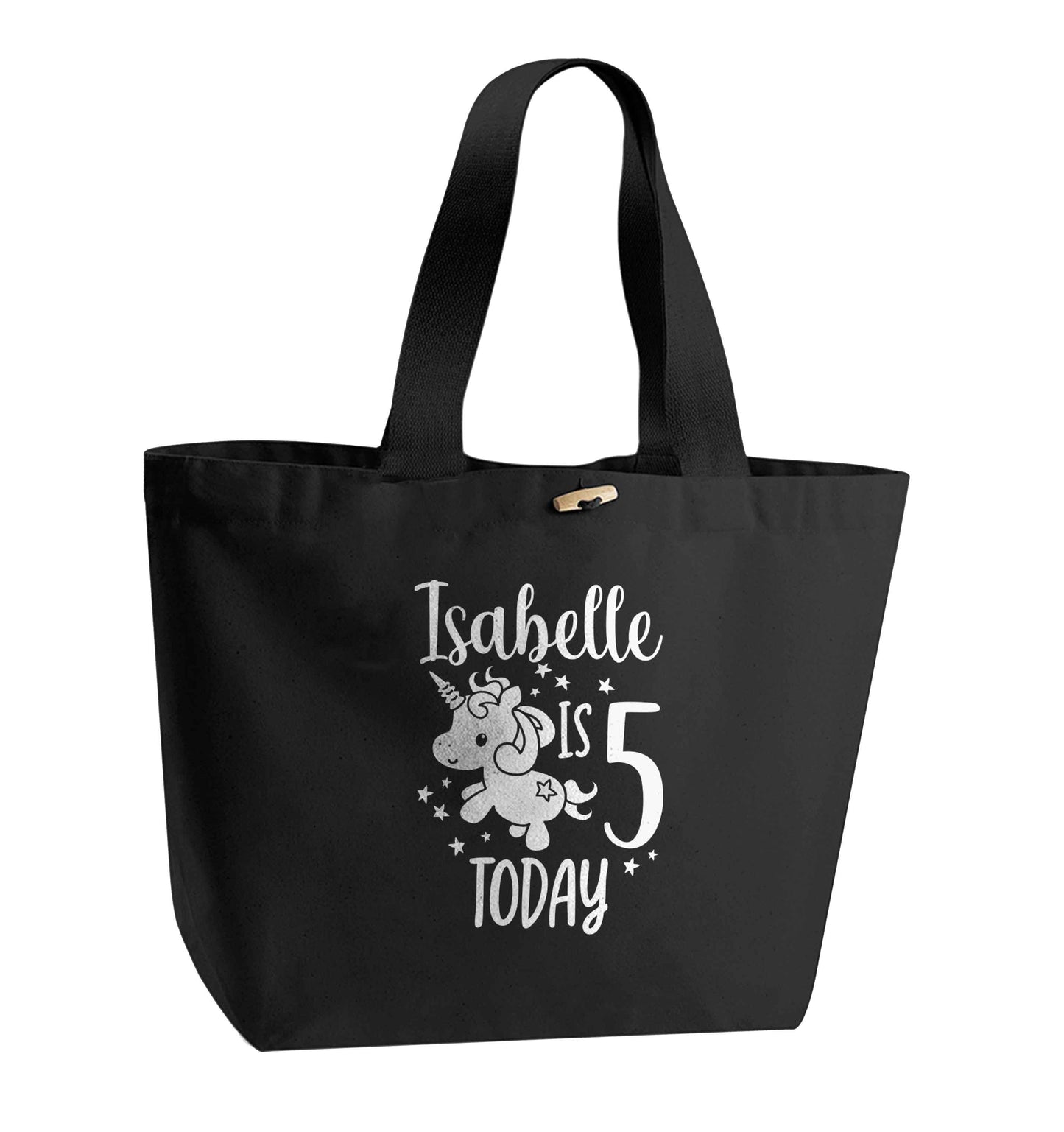 Today I am - Personalise with any name or age! Birthday unicorn organic cotton premium tote bag with wooden toggle in black