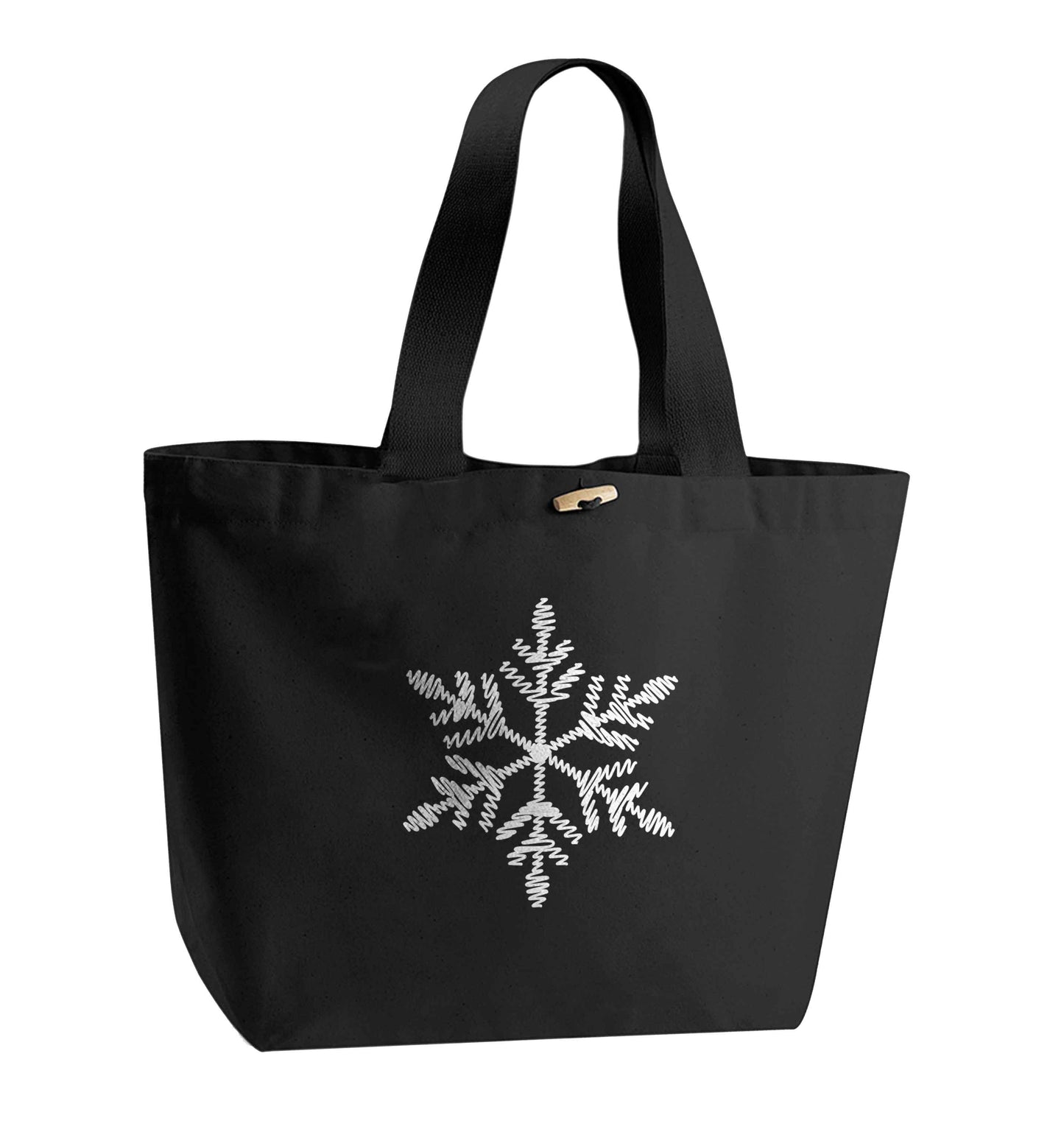 Snowflake organic cotton premium tote bag with wooden toggle in black