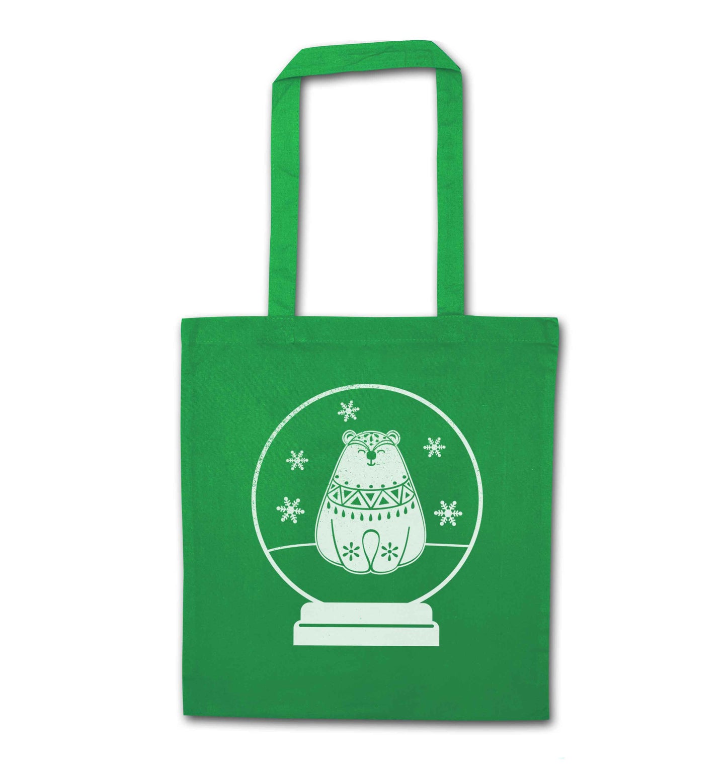 Polar Bear Snowglobe green tote bag