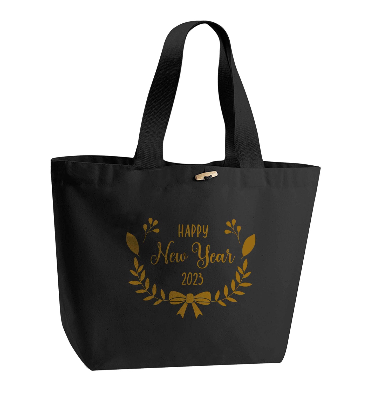Happy New Year 2023 organic cotton premium tote bag with wooden toggle in black