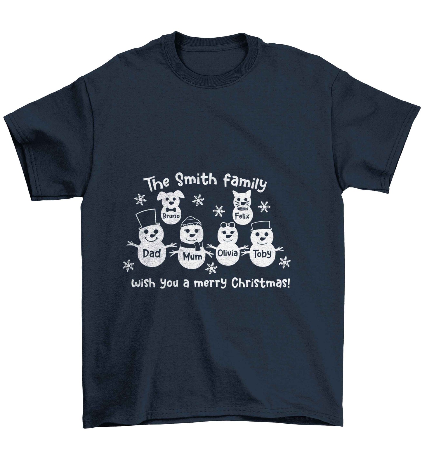 Personalised snowman family mum dad cat dog Children's navy Tshirt 12-13 Years