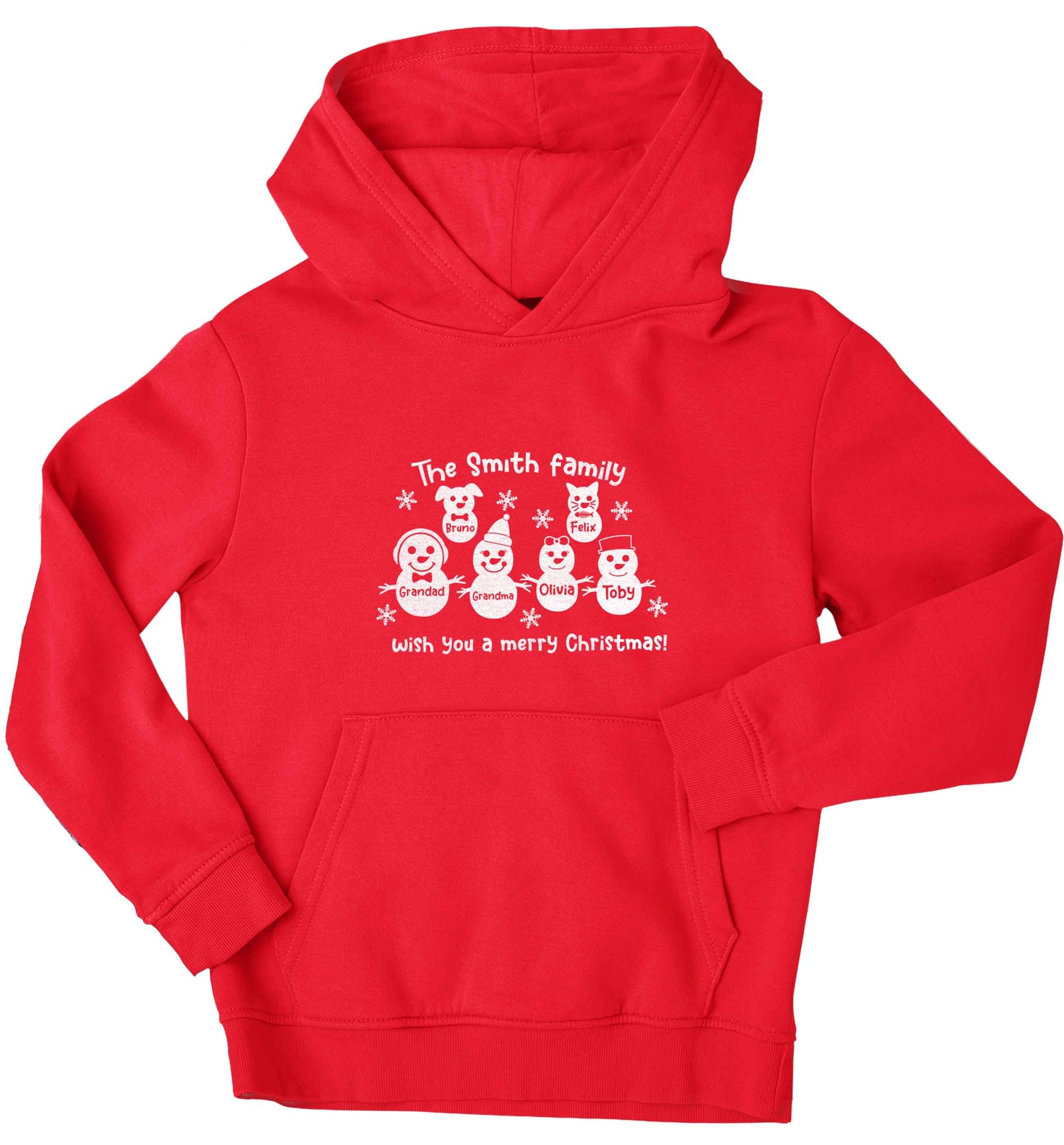 Personalised snowman family grandma grandad cat dog children's red hoodie 12-13 Years