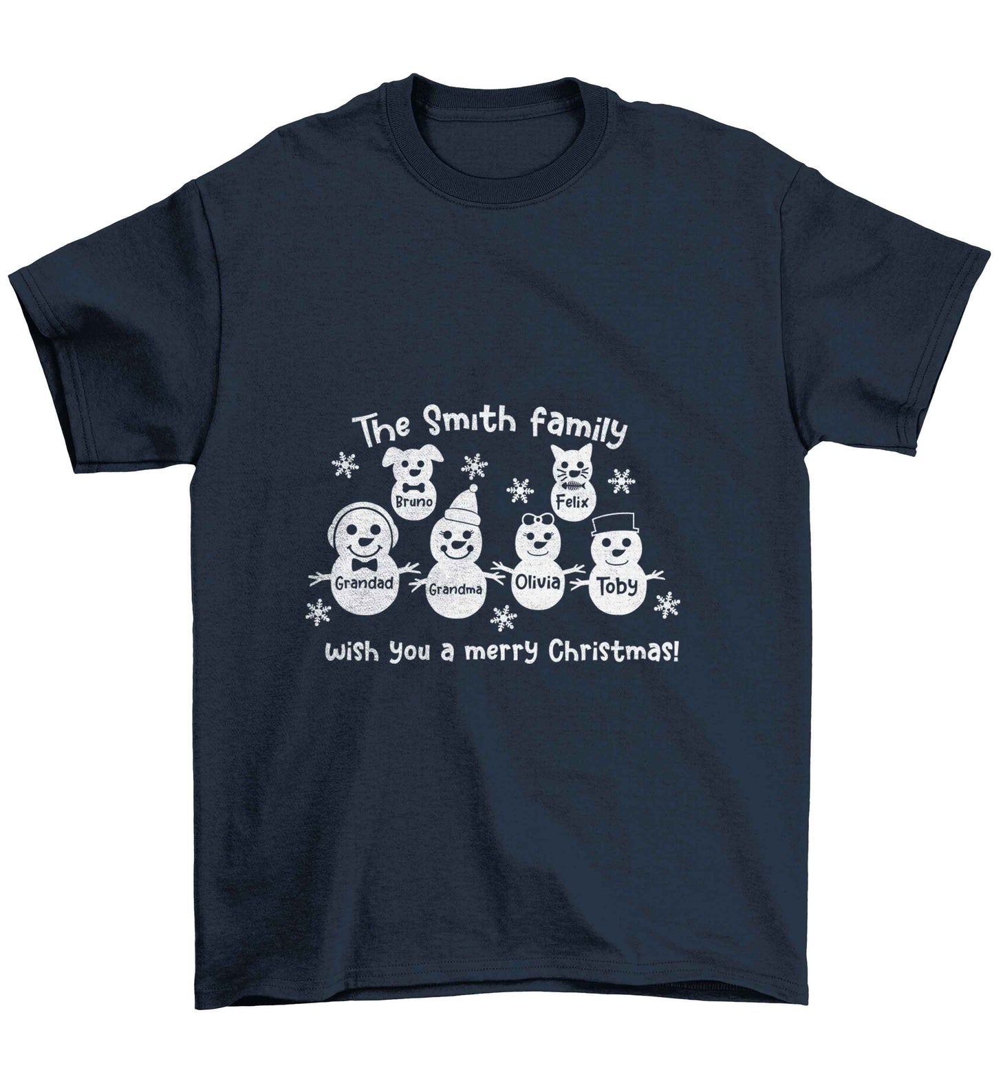 Personalised snowman family grandma grandad cat dog Children's navy Tshirt 12-13 Years