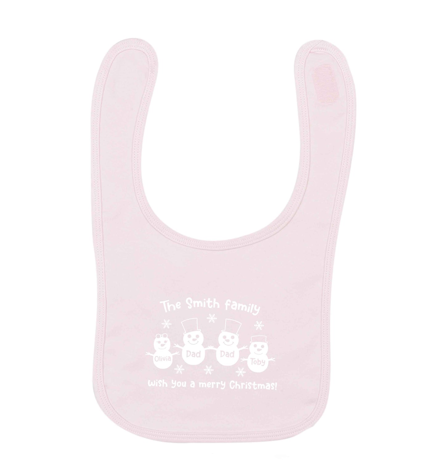 Personalised snowman family two dads pale pink baby bib