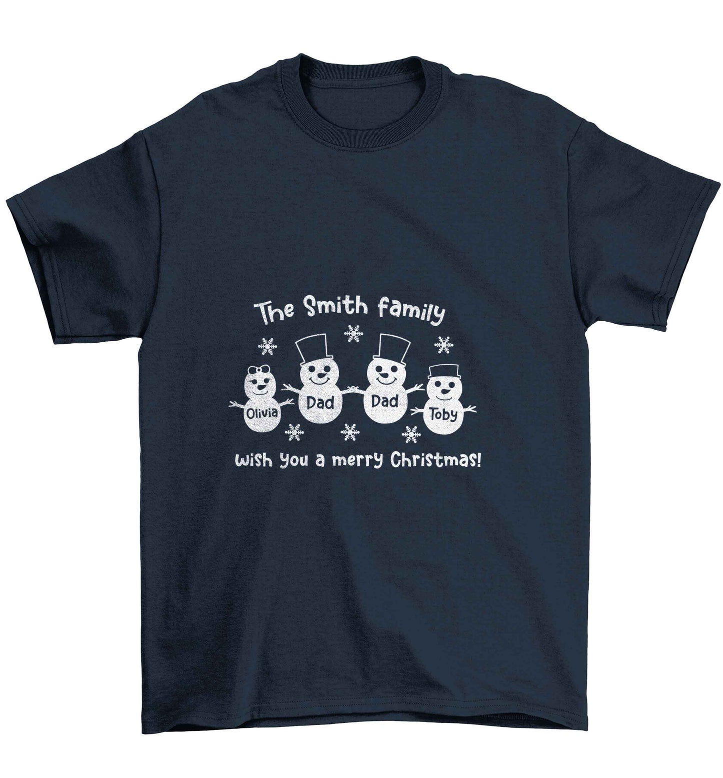 Personalised snowman family two dads Children's navy Tshirt 12-13 Years