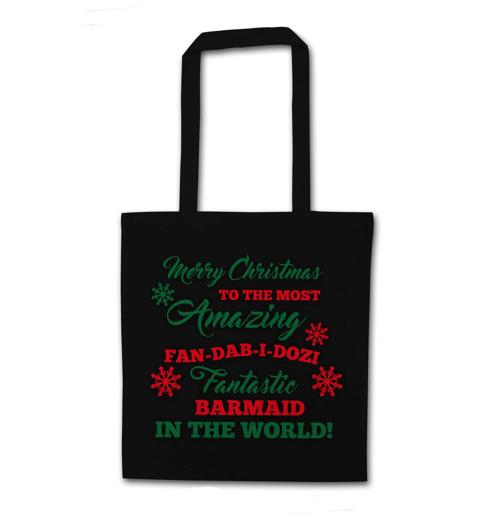 Merry Christmas to the most amazing barmaid in the world! black tote bag