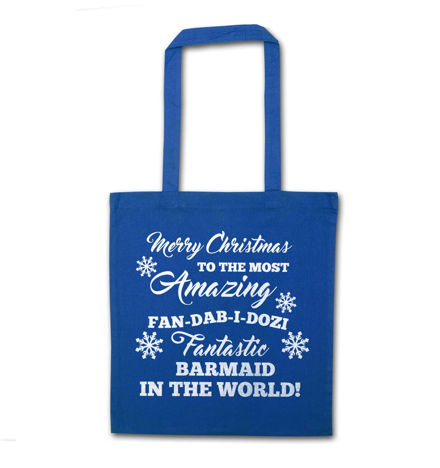 Merry Christmas to the most amazing barmaid in the world! blue tote bag