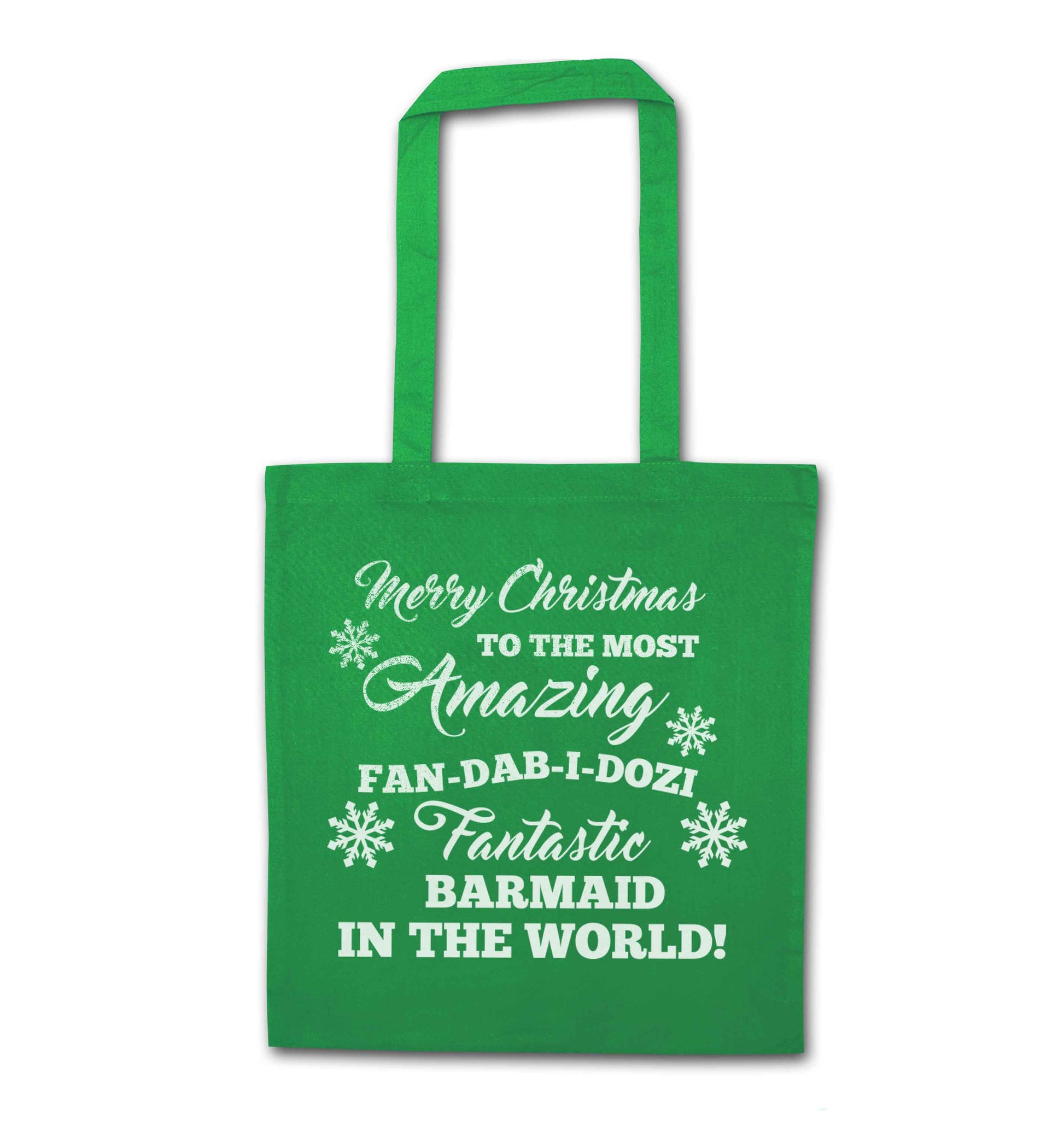 Merry Christmas to the most amazing barmaid in the world! green tote bag