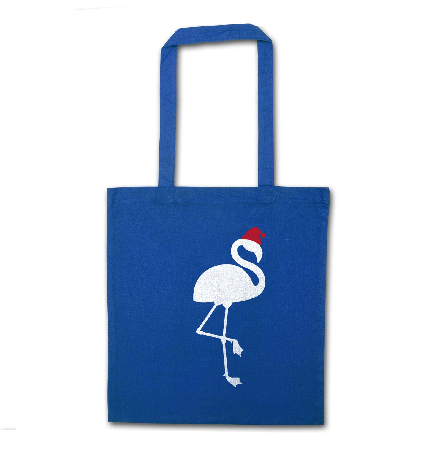 Pink flamingo santa blue tote bag