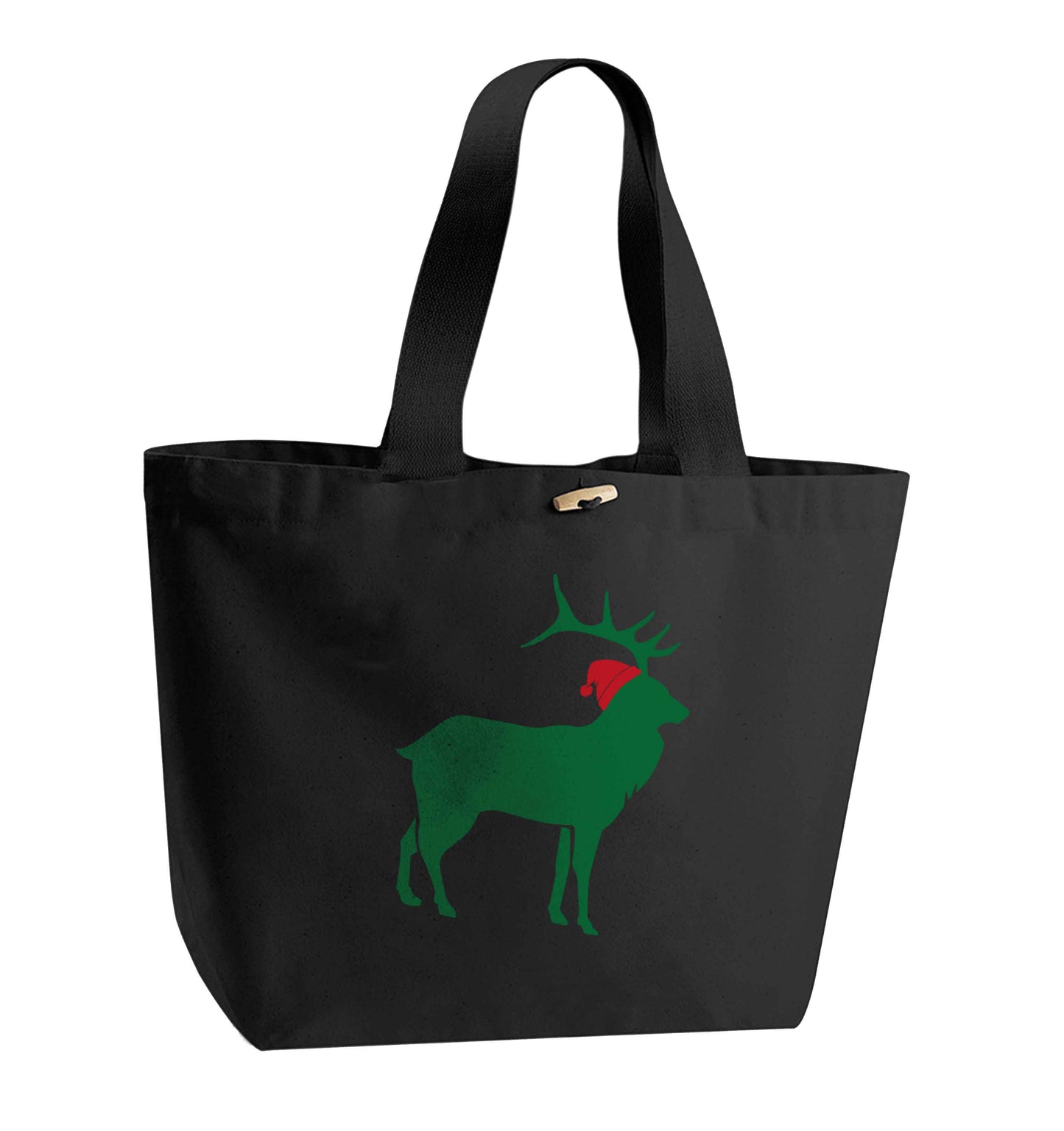 Green stag Santa organic cotton premium tote bag with wooden toggle in black