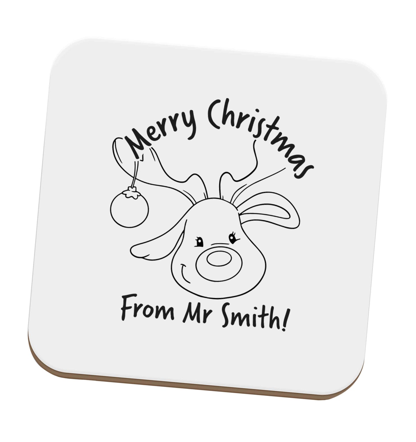 Personalised reindeer teacher merry Christmas from Mr set of four coasters