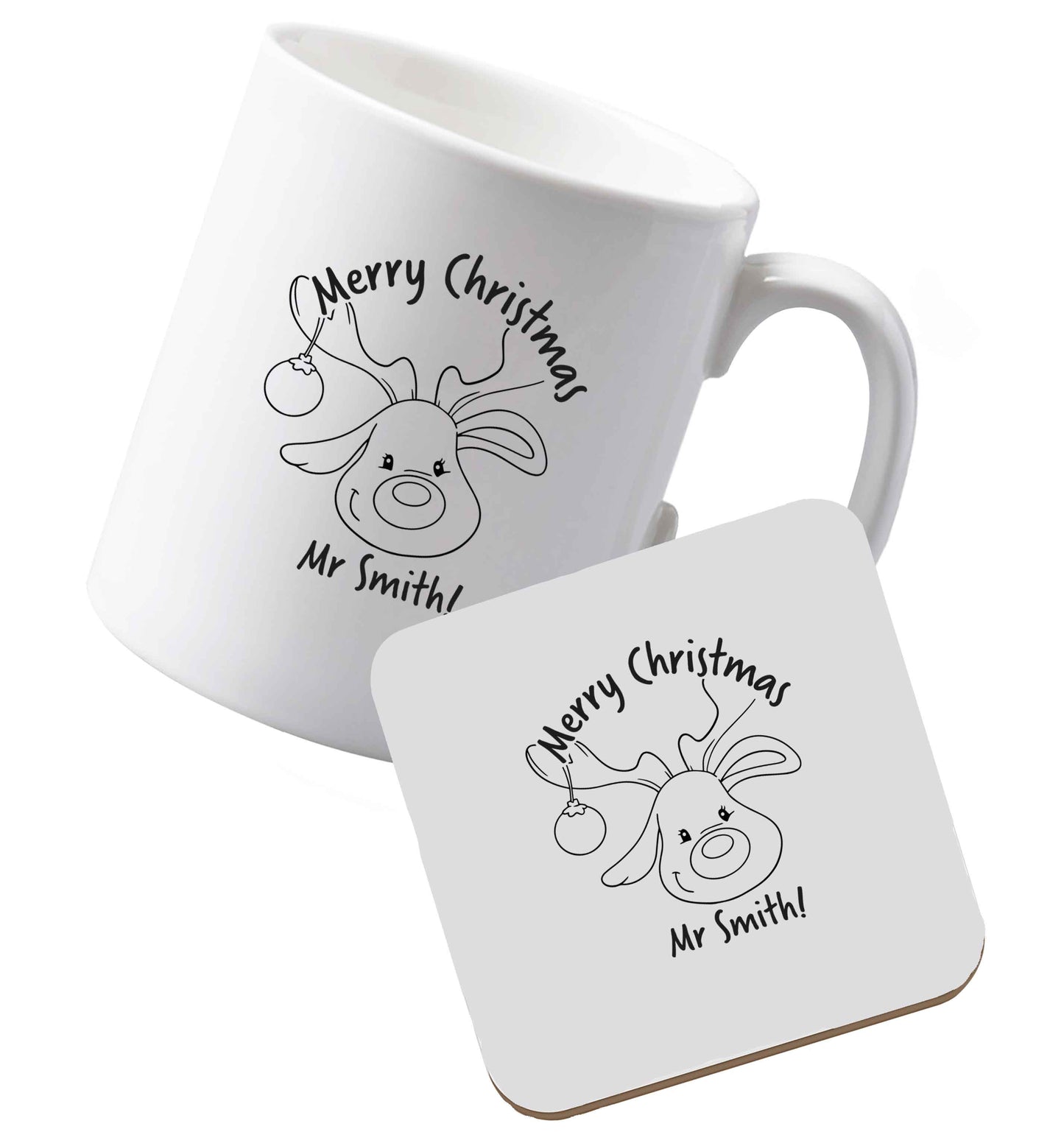 10 oz Ceramic mug and coaster Personalised reindeer teacher merry Christmas both sides
