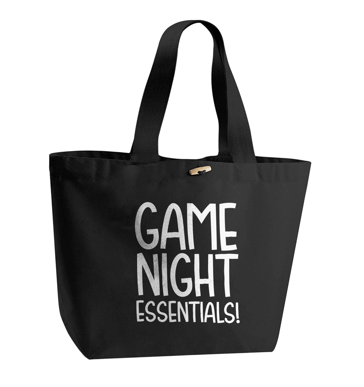 Game night essentials organic cotton premium tote bag with wooden toggle in black