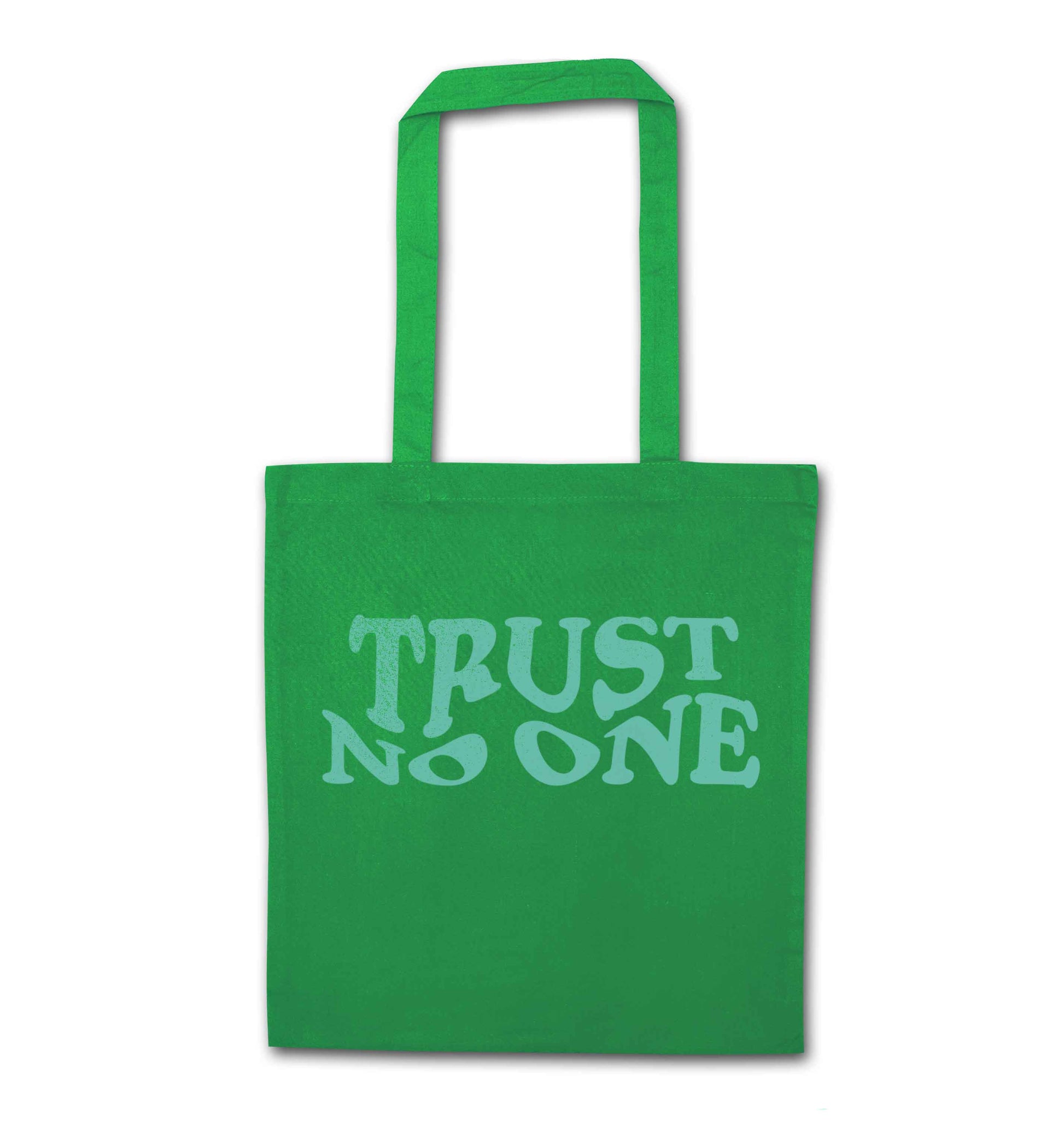 Trust no one green tote bag